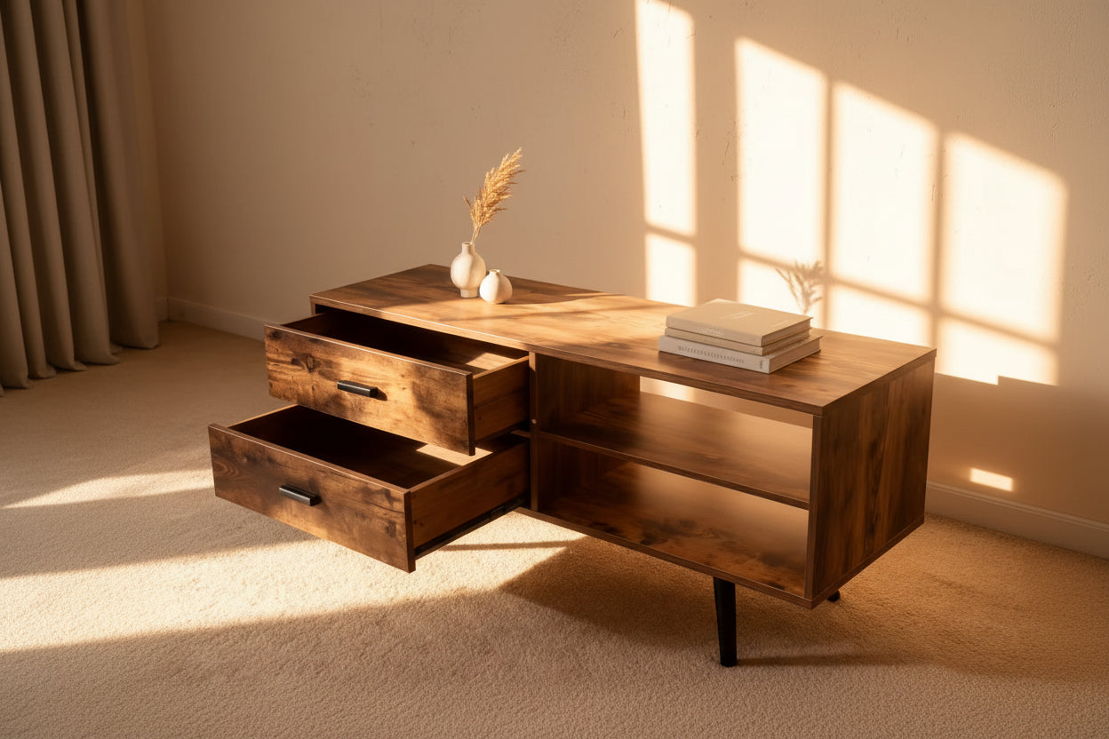 Nordic Style Wood Panel TV Stand Home Office Furniture with Metal Legs Storage Shelves for Living Room Use