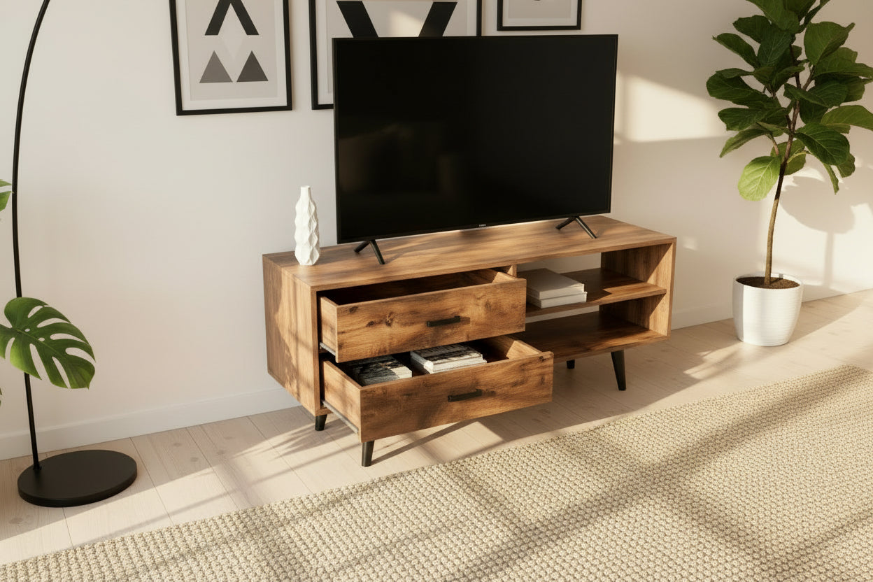 Nordic Style Wood Panel TV Stand Home Office Furniture with Metal Legs Storage Shelves for Living Room Use