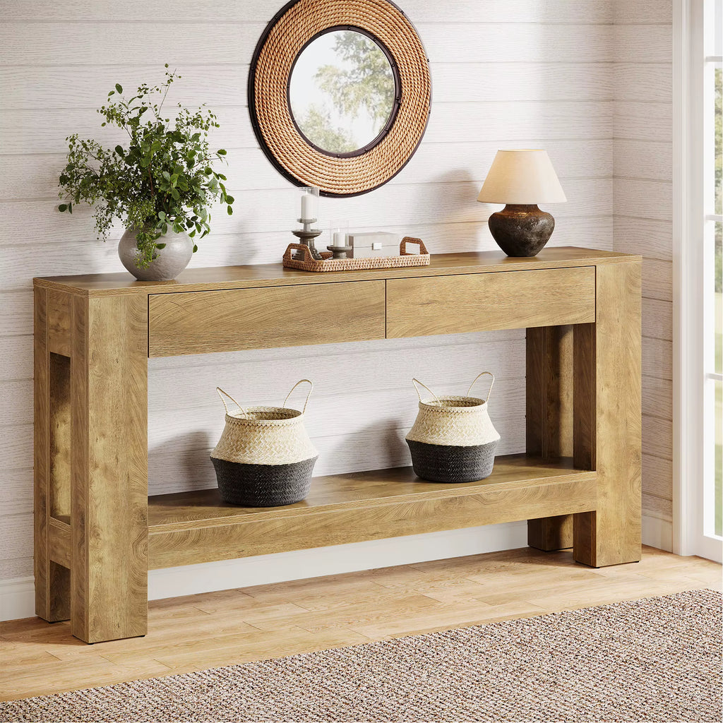 Hallway Living Room 2 Drawers Furniture Minimalism Wooden Console Table Wood Console Table with Two Drawers