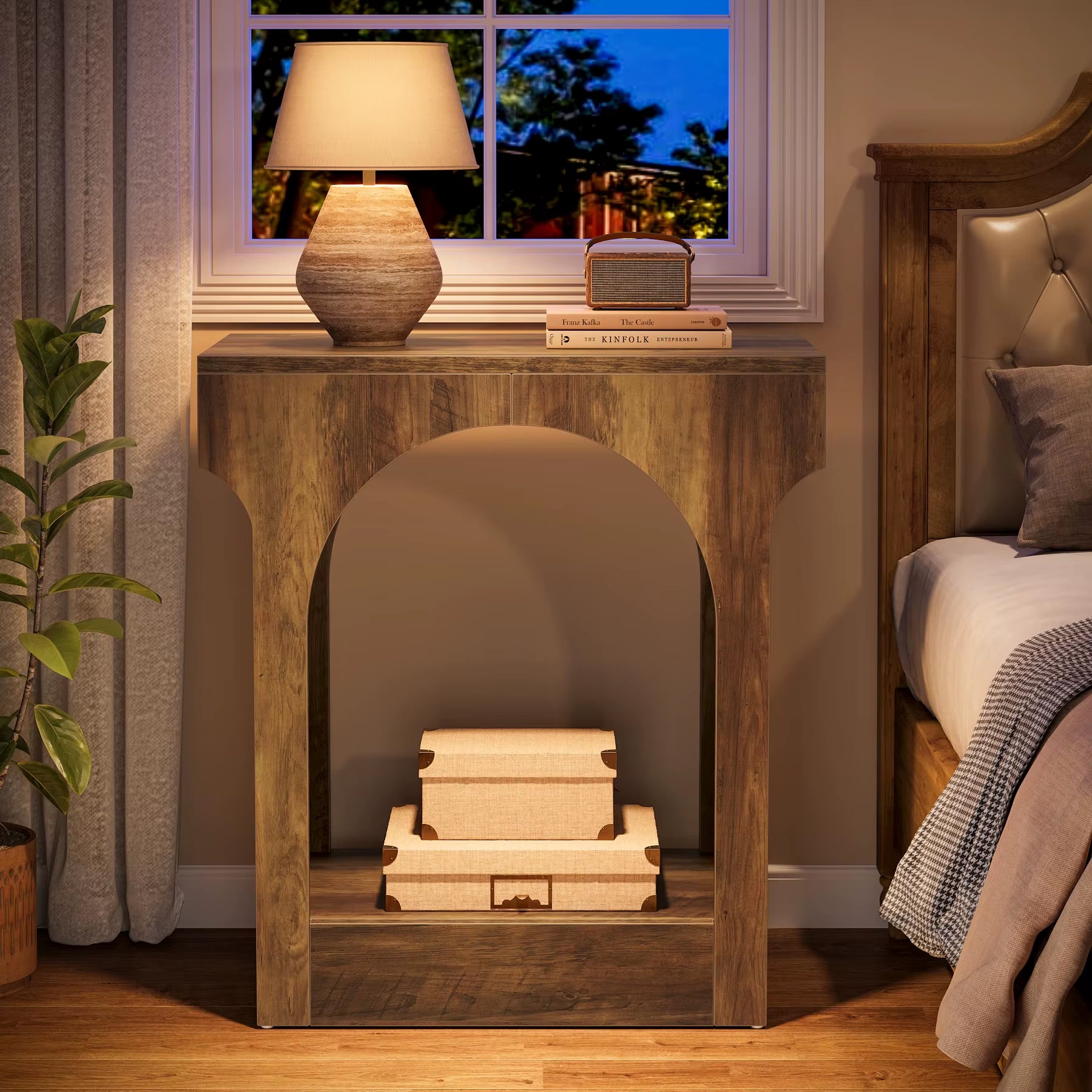 Tribesigns Narrow Side Table Brown Black C Shaped End Table Modern Bedside Tables for Couch, Small Sofa Tables with Metal Frame