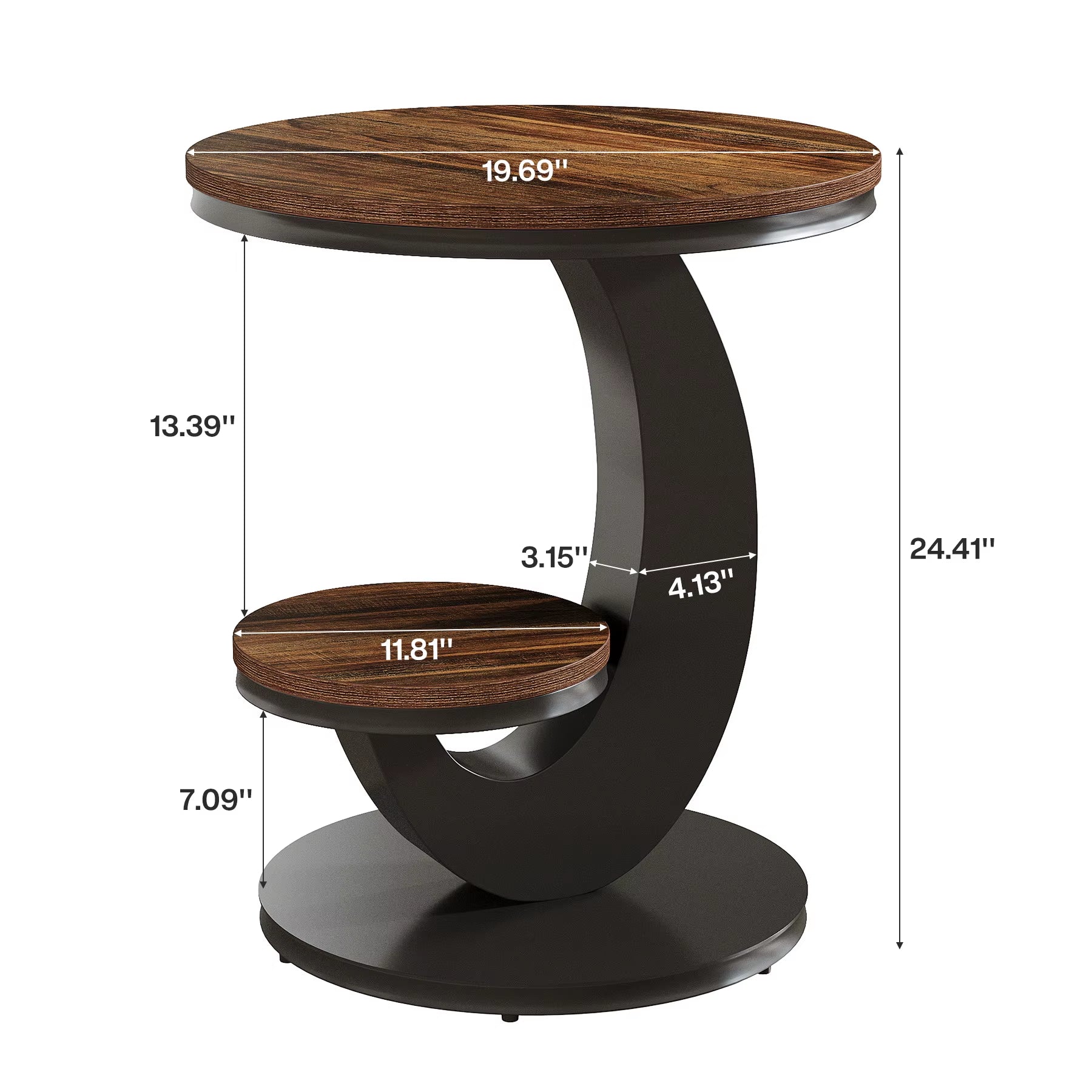 Round End Table, 2 Tiers Side Table with Storage Shelf, Sofa Side Bedside Nightstand with Rustic Wood and Metal Arc-Shaped Frame