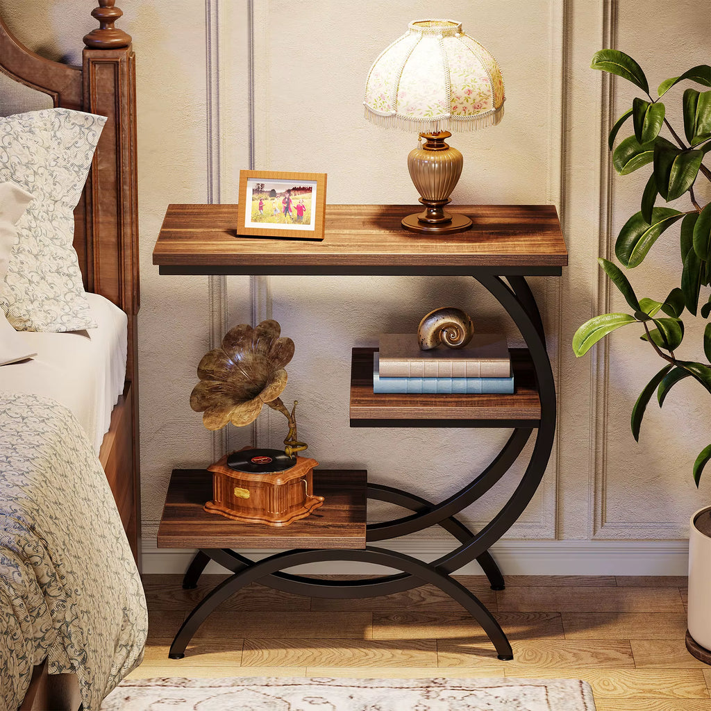 C Shaped End Table, Small Side Table for Couch, Industrial 3-Tier Couch Table, Wood Bedside Table, C Side Table for Small Spaces