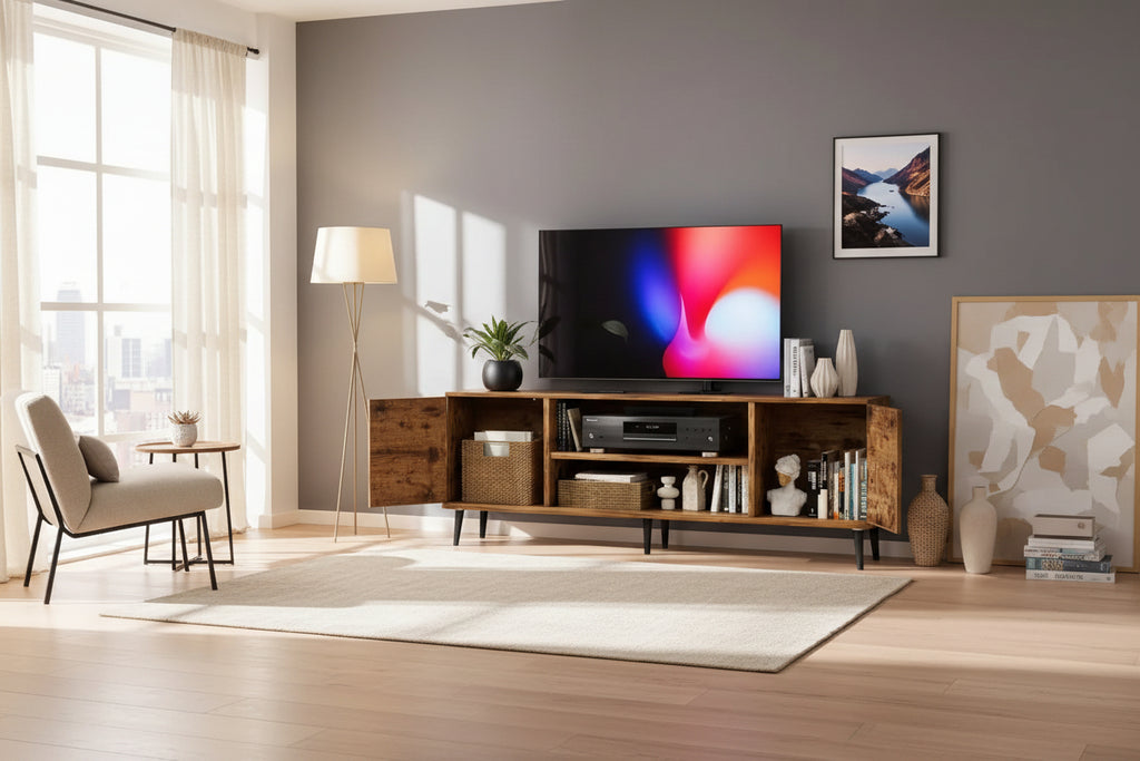 Modern Natural Country Design Solid Wood TV Stand Sliding Cabinets Entertainment Center Shelves for Living Room Furniture