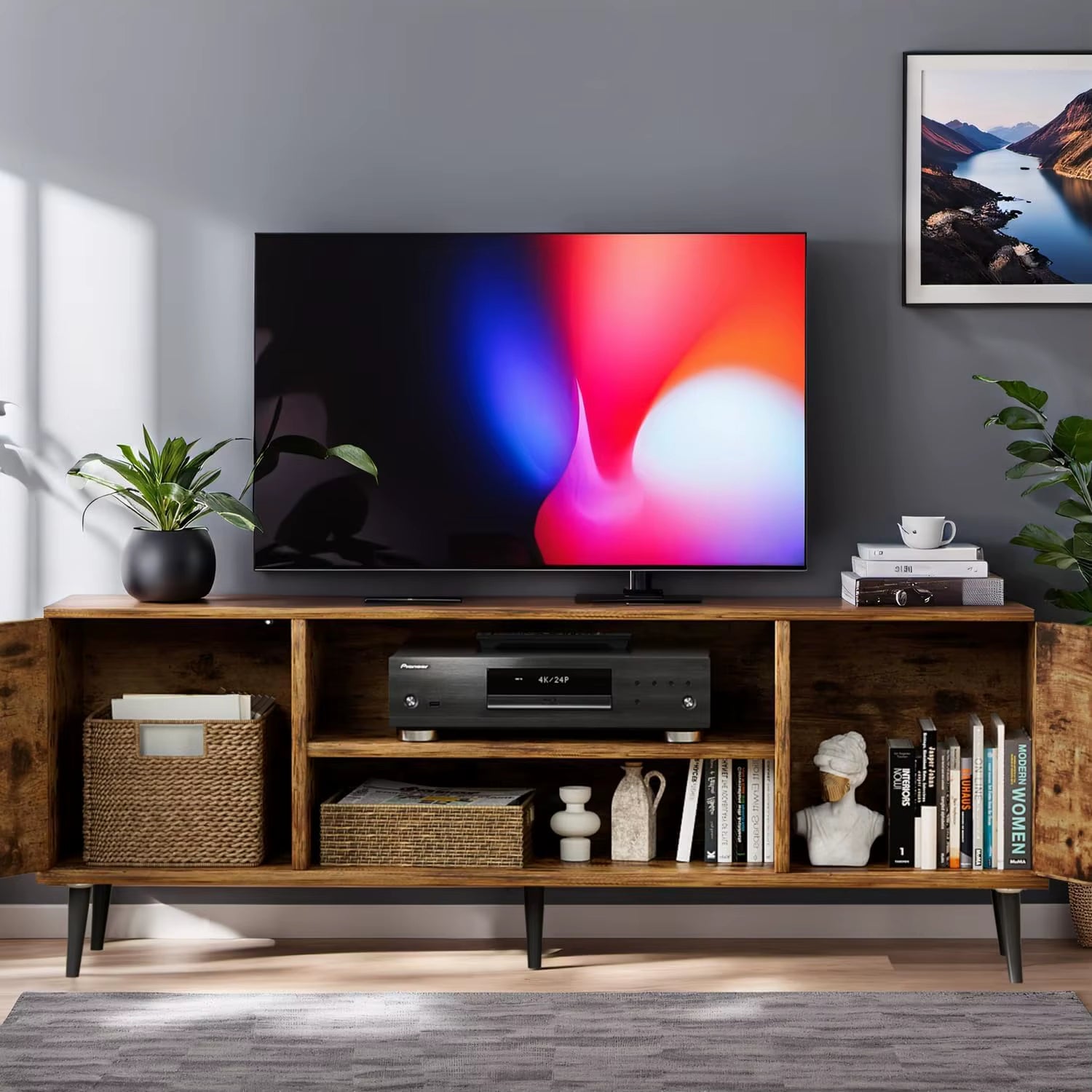 Modern Natural Country Design Solid Wood TV Stand Sliding Cabinets Entertainment Center Shelves for Living Room Furniture