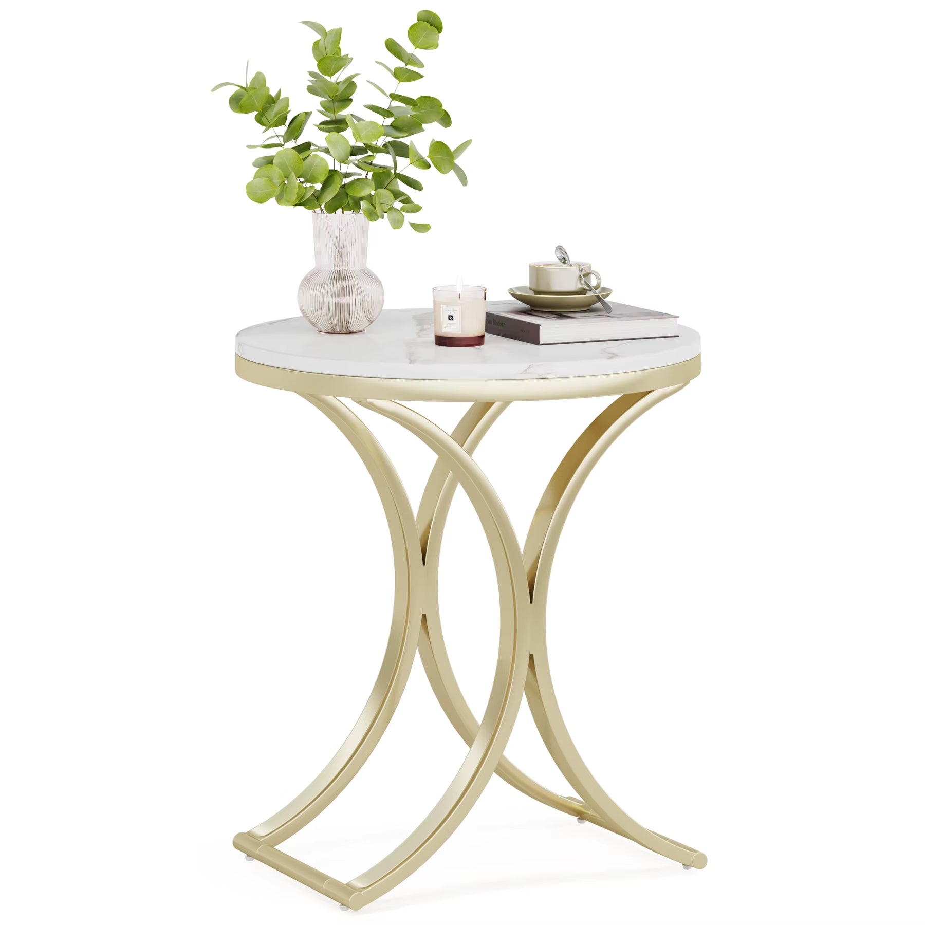 Tribesigns Modern Accent Home Decor Wood Faux Marble White 50 Cm C-Shaped Sofa round Side Table for Living Room