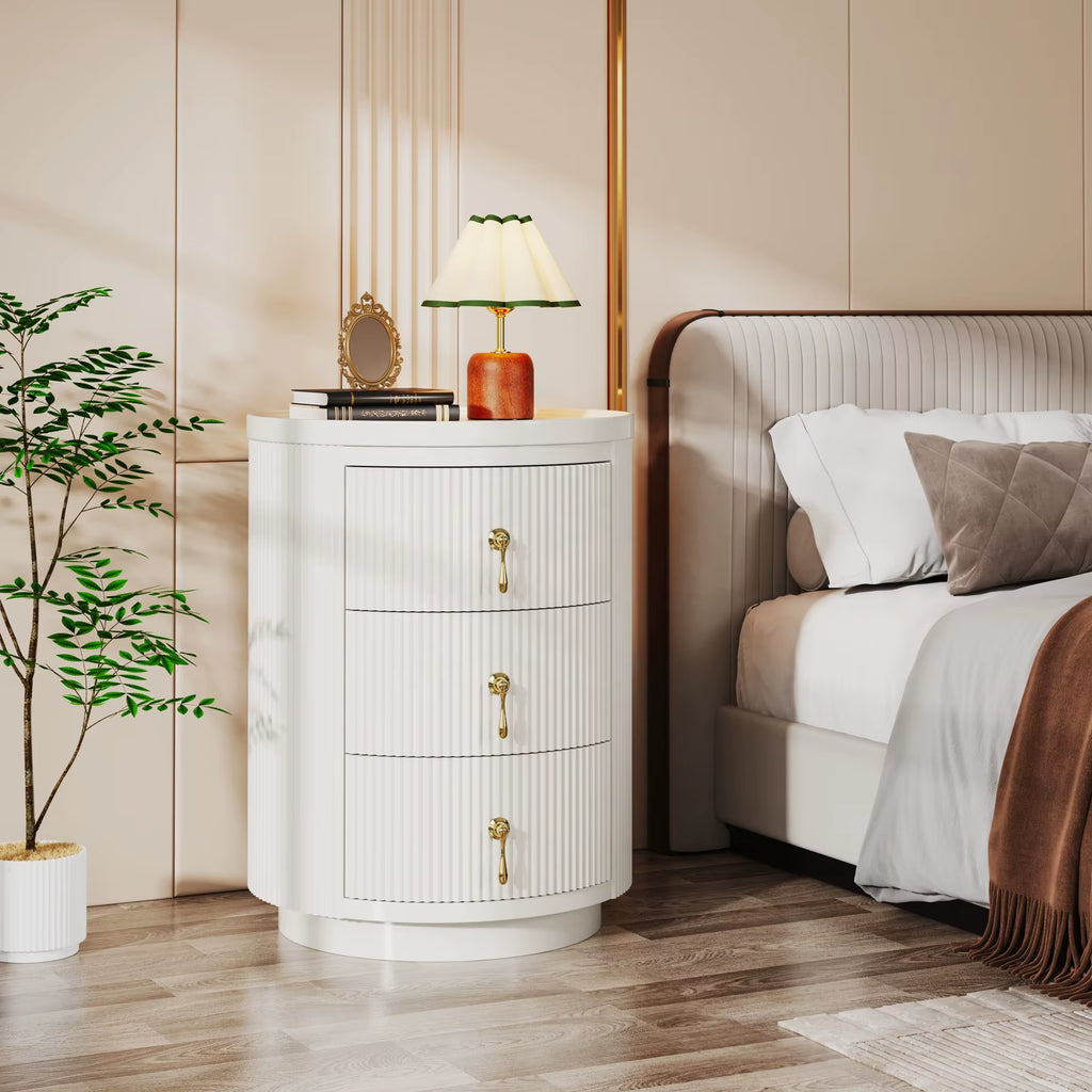 Tribesigns Nightstand with 3 Drawers, No Assembly Required Modern round Bedside Table Side Table with Storage and Gold Handles