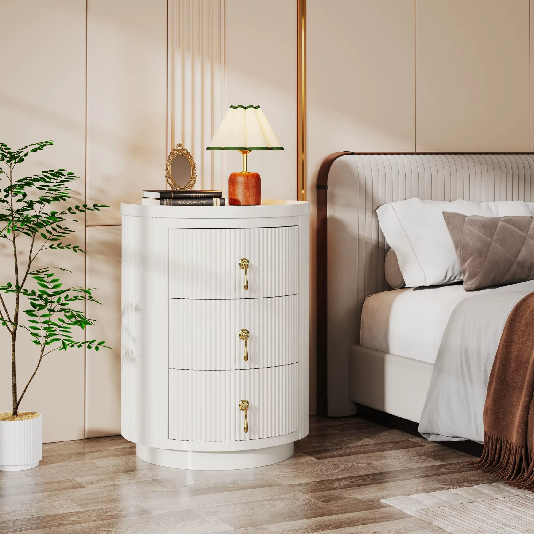 Tribesigns Nightstand with 3 Drawers, No Assembly Required Modern round Bedside Table Side Table with Storage and Gold Handles