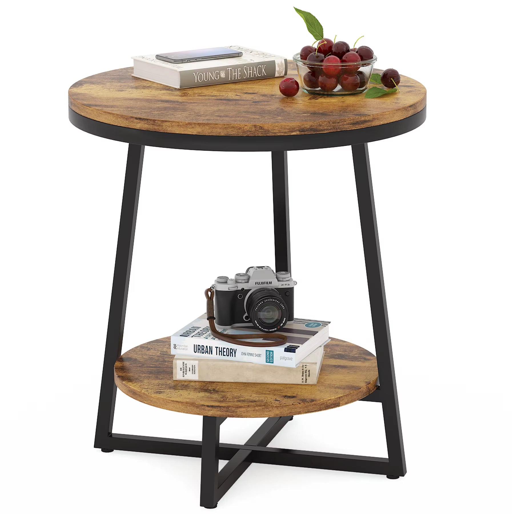 Tribesigns Modern Accent Small Rustic Brown Antique round Wooden Side Tables for Living Room Sofa