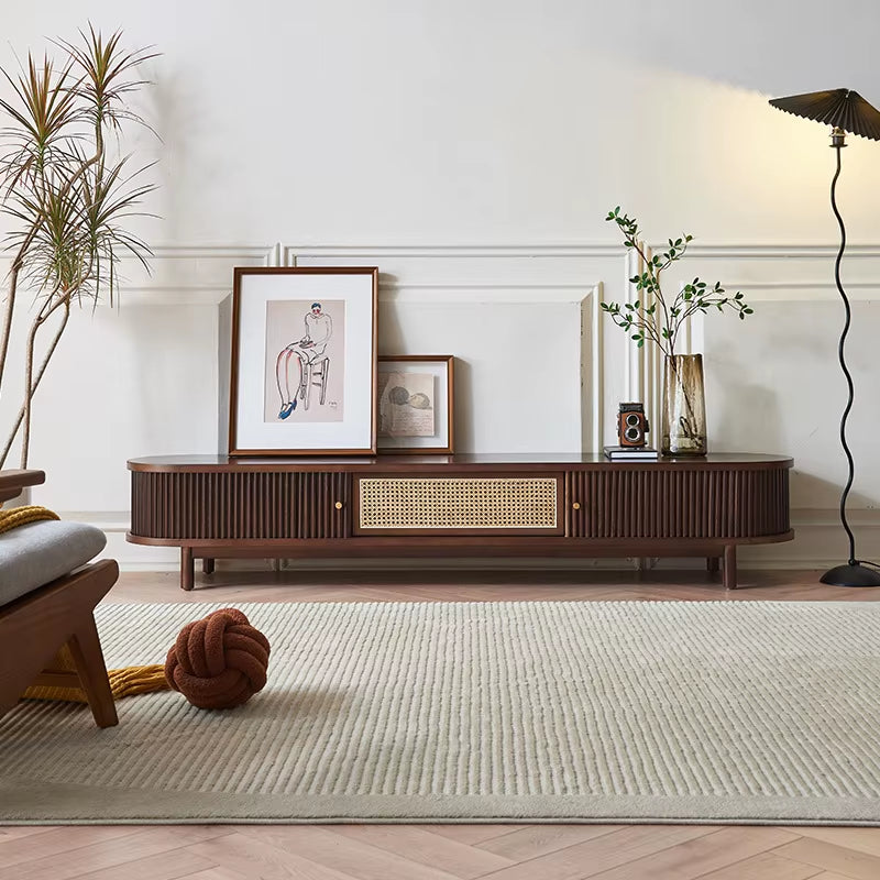 Vintage Japanese Wabi-Sabi Style White Ash Wood TV Cabinet Rolling Door Audiovisual Stand for Small Home Apartment Living Room