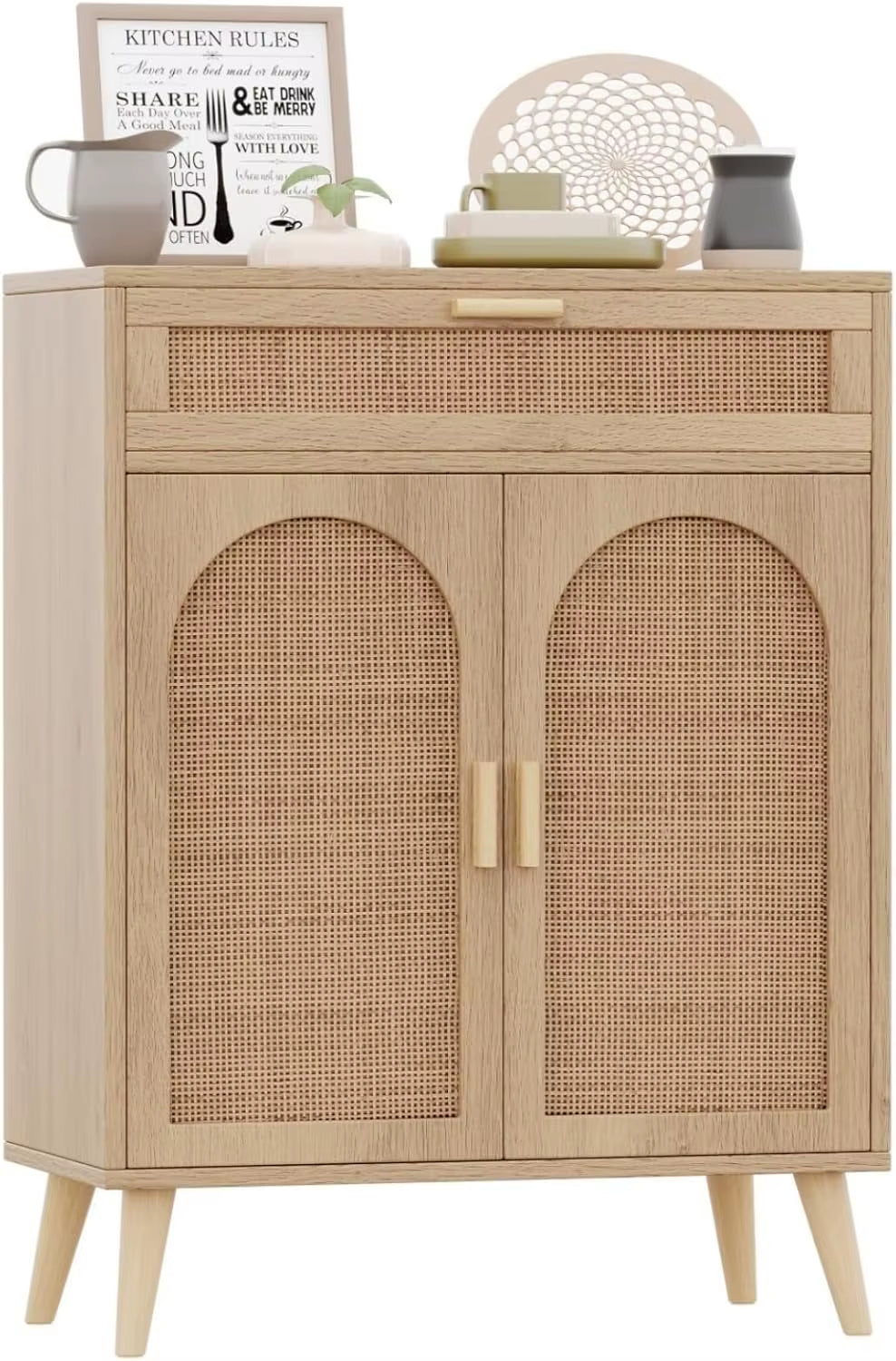 Boho Style Natural Wood Sideboard Cabinet Rattan Accents Coffee Bar Credenzas Accent Drawer for Home Furniture Living Room