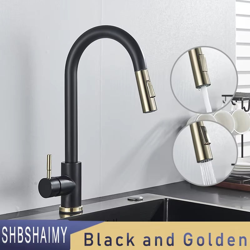 Nickle Gold Kitchen Faucets Stainless Steel Pull down Stream Sprayer Deck Mount Water Sink Taps Black Brushed