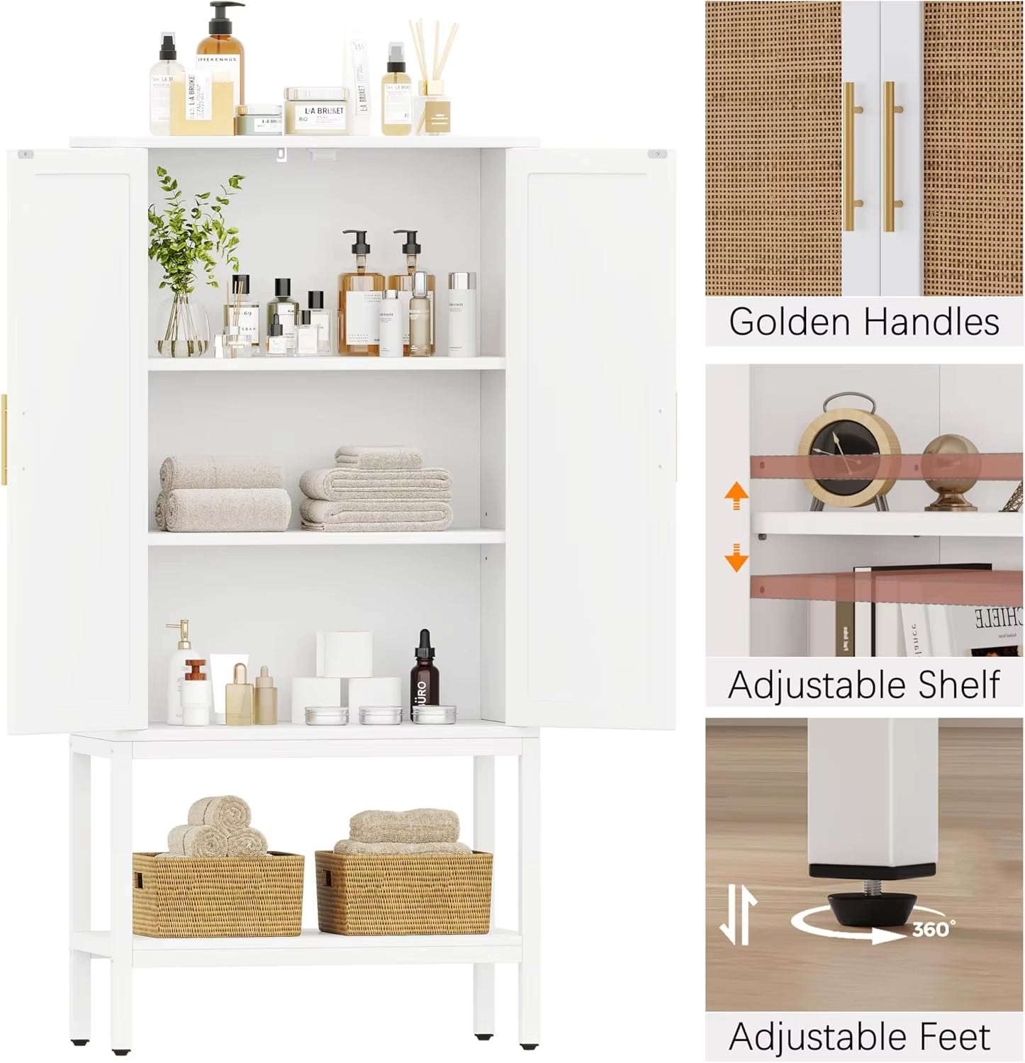 Modern 2-Door Floor Cabinet for Bathroom Living Room White Natural Wood 4-Shelf Adjustable Open Bottom Wash Basin Storage