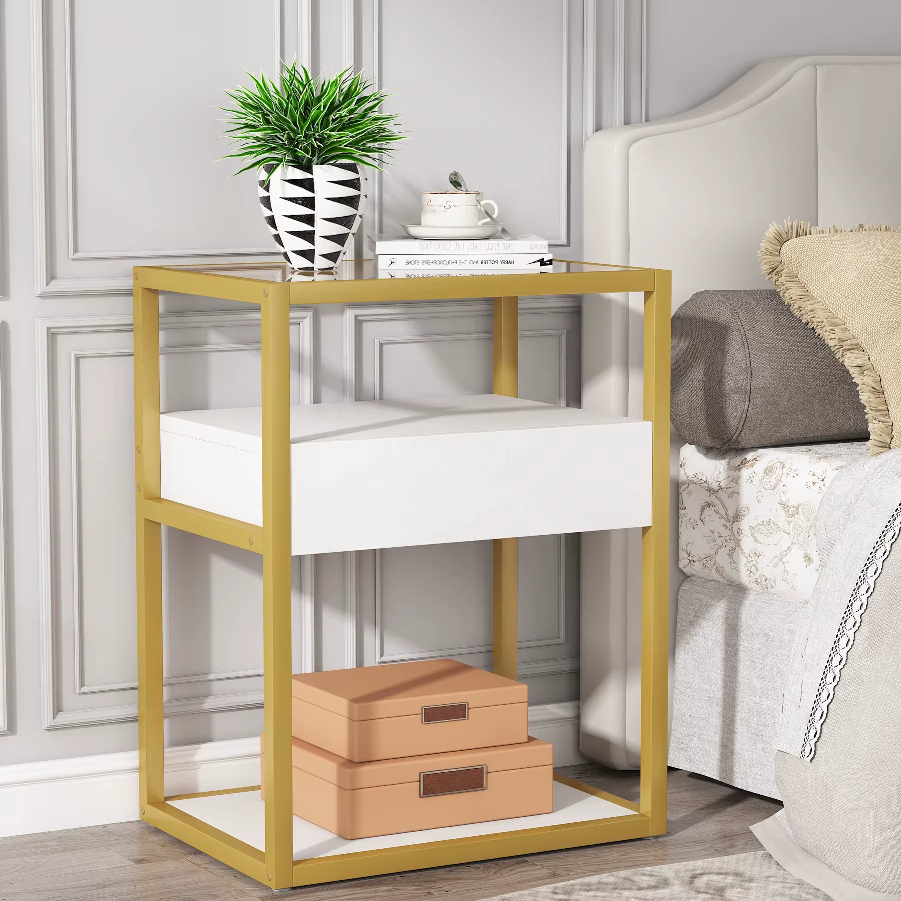 Tribesigns Modern Luxury Sofa Side Table End Table Mirror Glass Top White and Gold Bedside Table