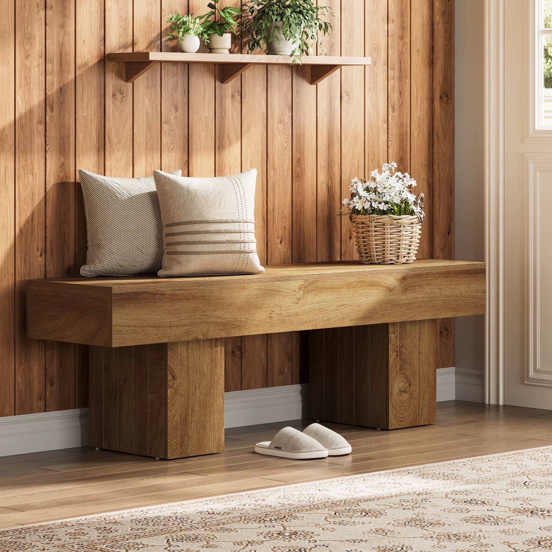 Tribesigns 55 Inches Entryway Bench, Farmhouse Wood End of Bed Bench, Long Indoor Bench for Entryway, Hallway, Living Room