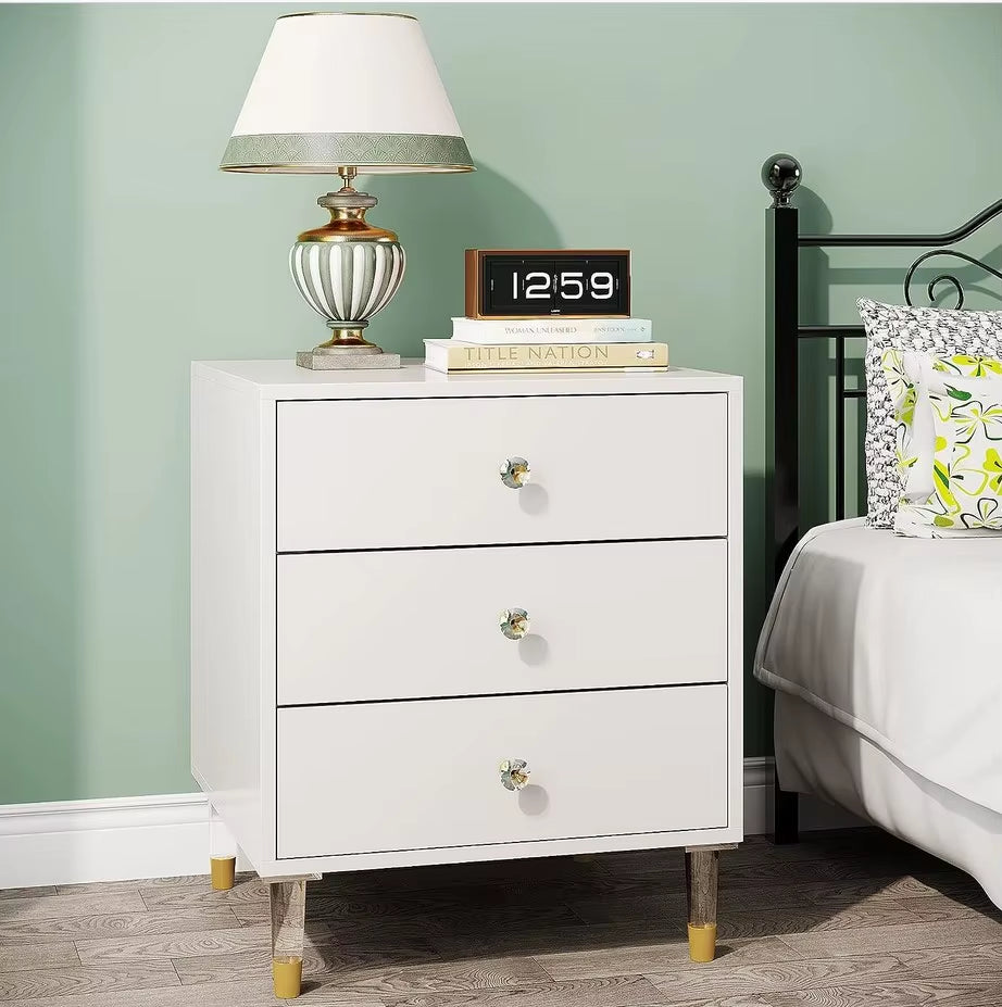 Bedside Table White Night Stand 3 Drawer Bedside Cabinet with Metal round Handles
