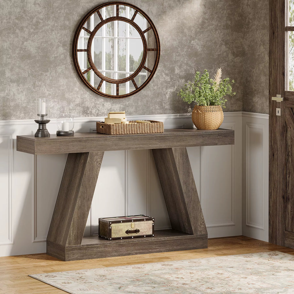 2-Tiers Form Frame Storage Console Table Wooden Designer Side Table for Living Room Entryway Hallway Hotel Grey
