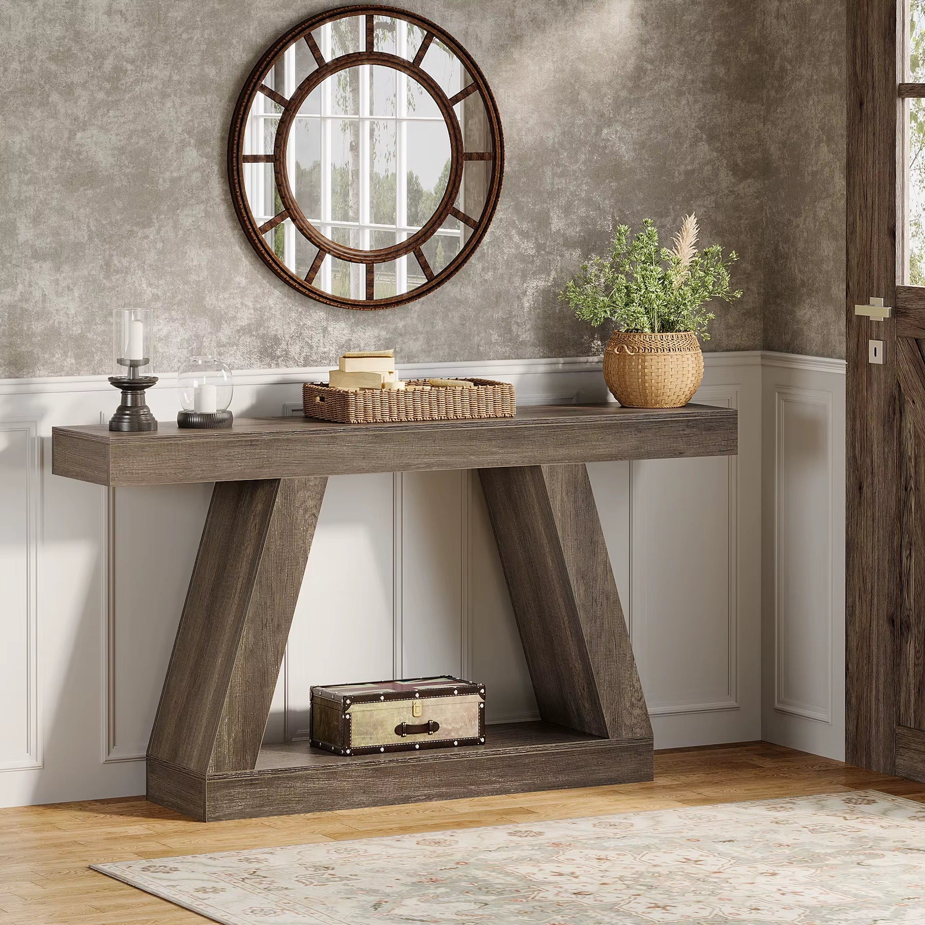 2-Tiers Form Frame Storage Console Table Wooden Designer Side Table for Living Room Entryway Hallway Hotel Grey