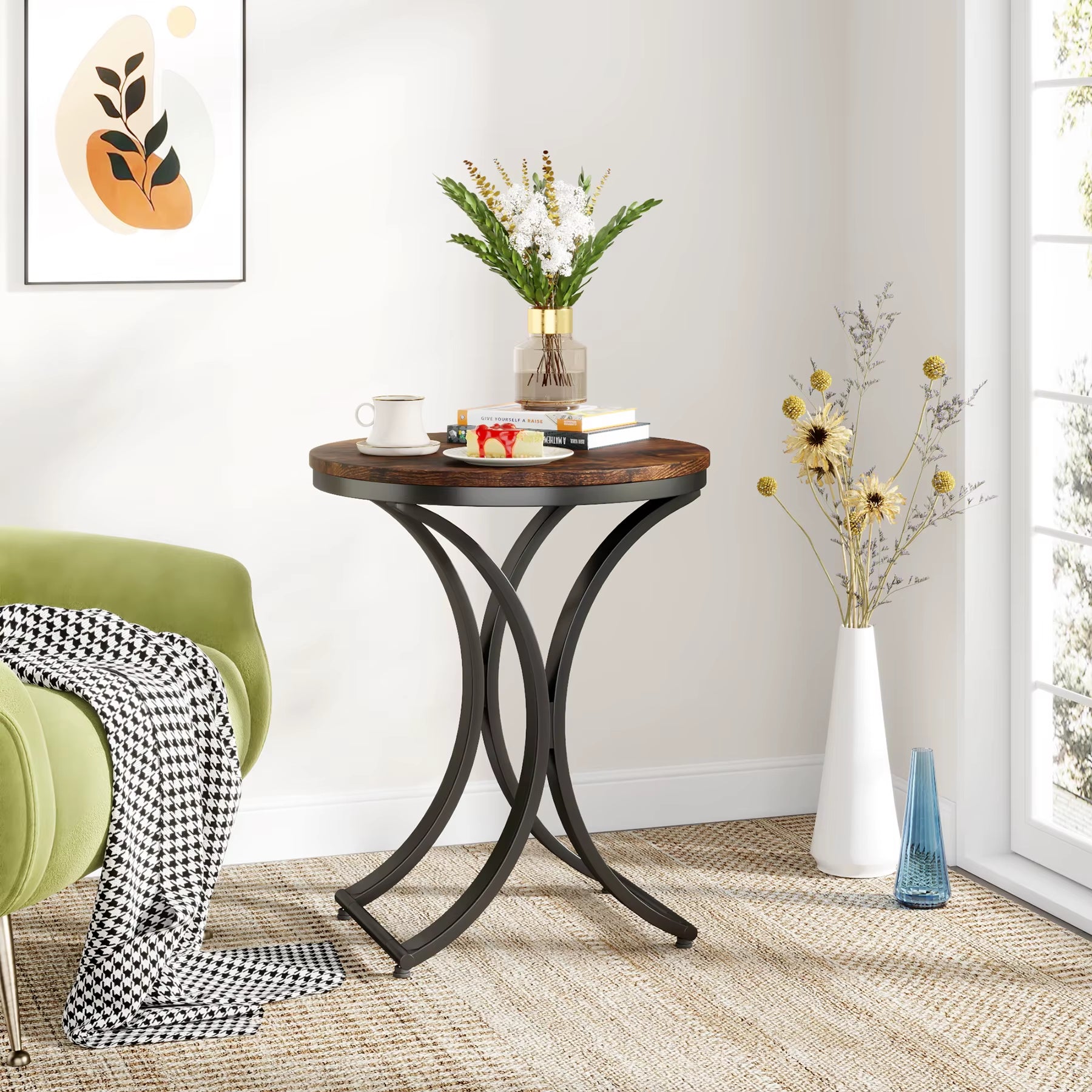 Tribesigns Modern Accent Decor Wood Rustic Brown 50 Cm C-Shaped Corner Sofa Side Table round for Living Room