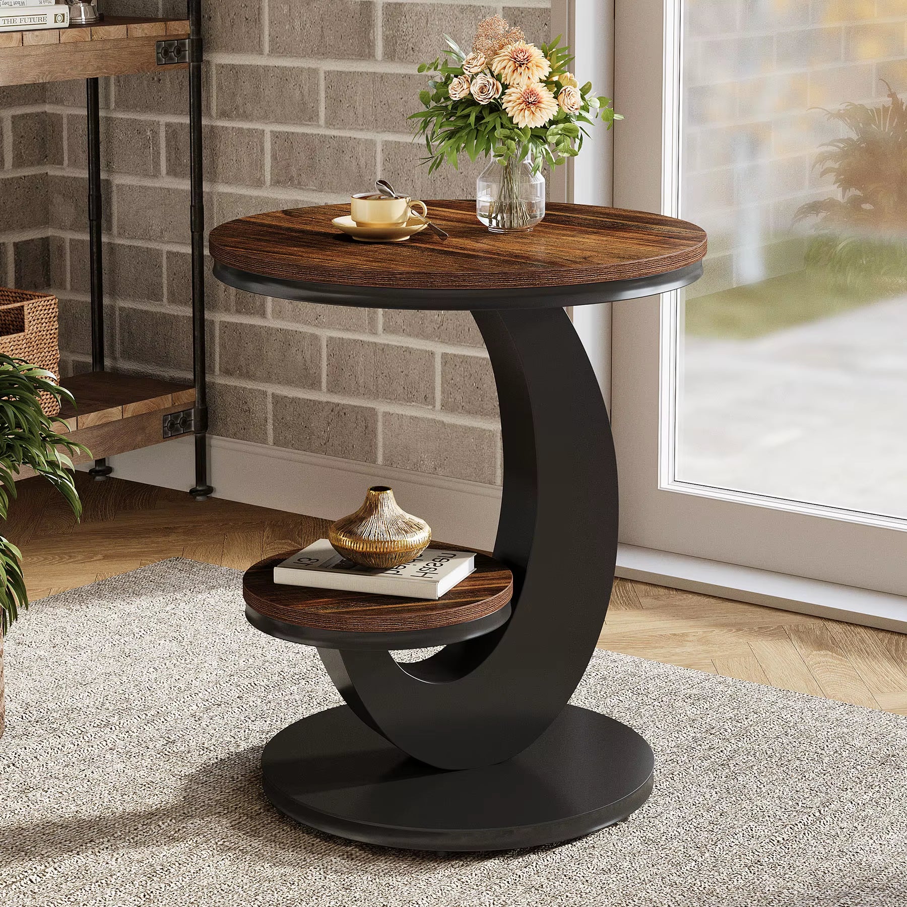 Round End Table, 2 Tiers Side Table with Storage Shelf, Sofa Side Bedside Nightstand with Rustic Wood and Metal Arc-Shaped Frame