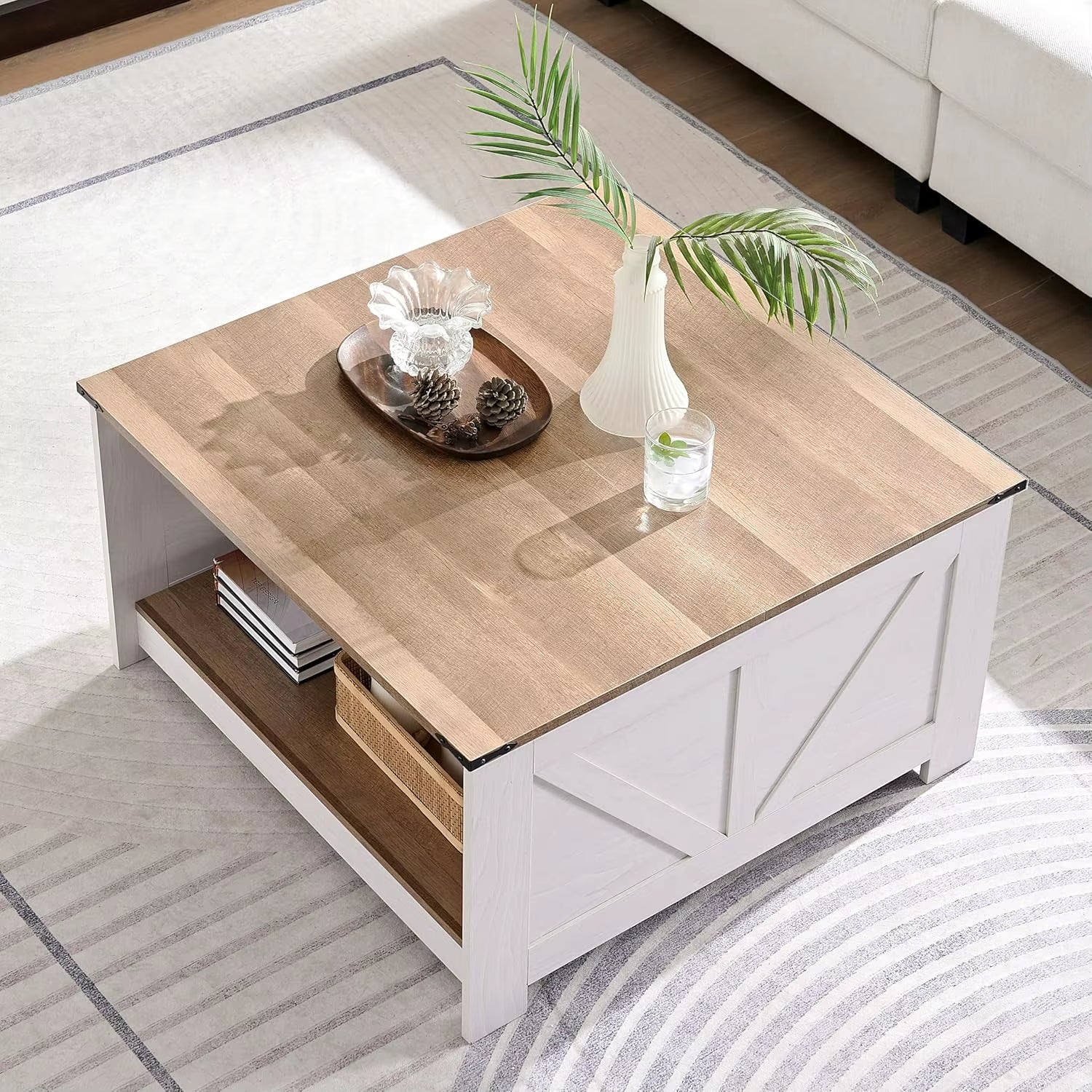 Modern Farmhouse Rotatable Nesting Coffee Table with Storage Solid Wood Square Design for Living Room Home Furniture