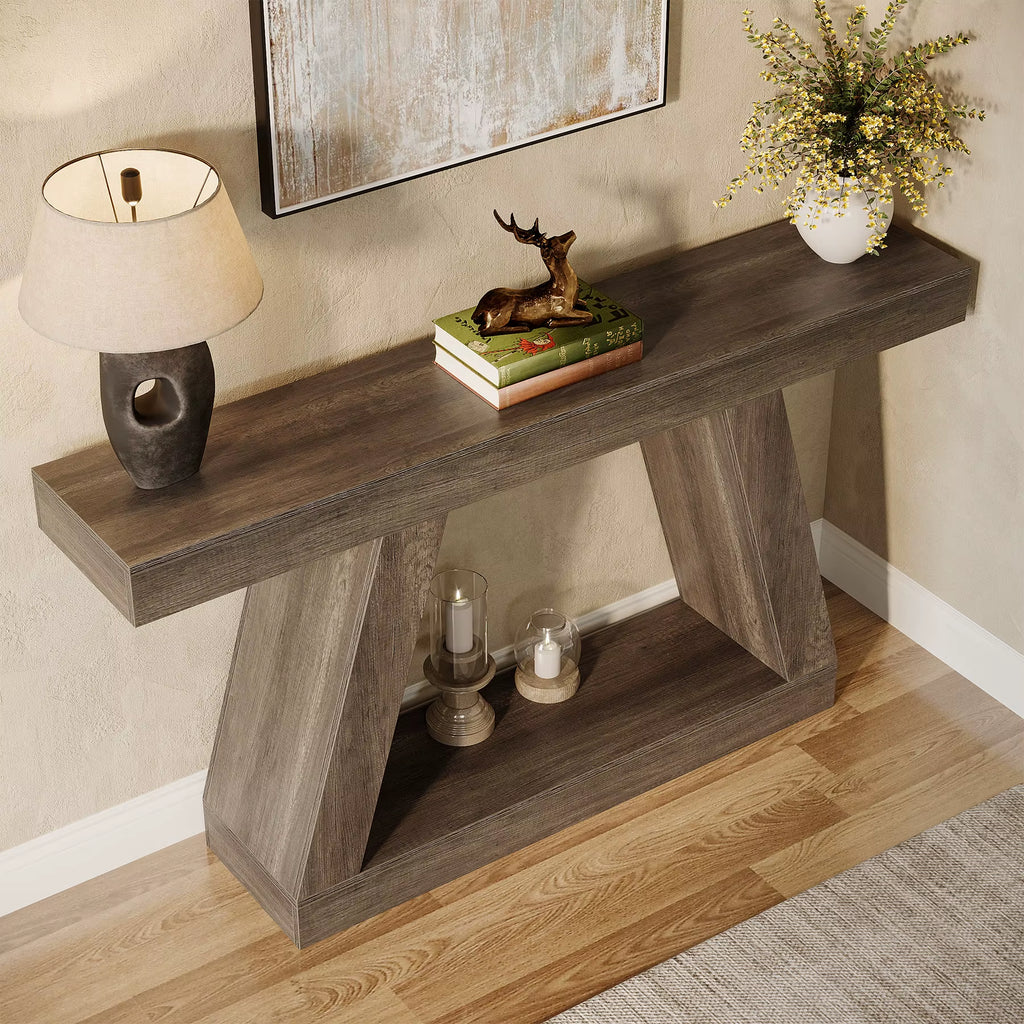 2-Tiers Form Frame Storage Console Table Wooden Designer Side Table for Living Room Entryway Hallway Hotel Grey