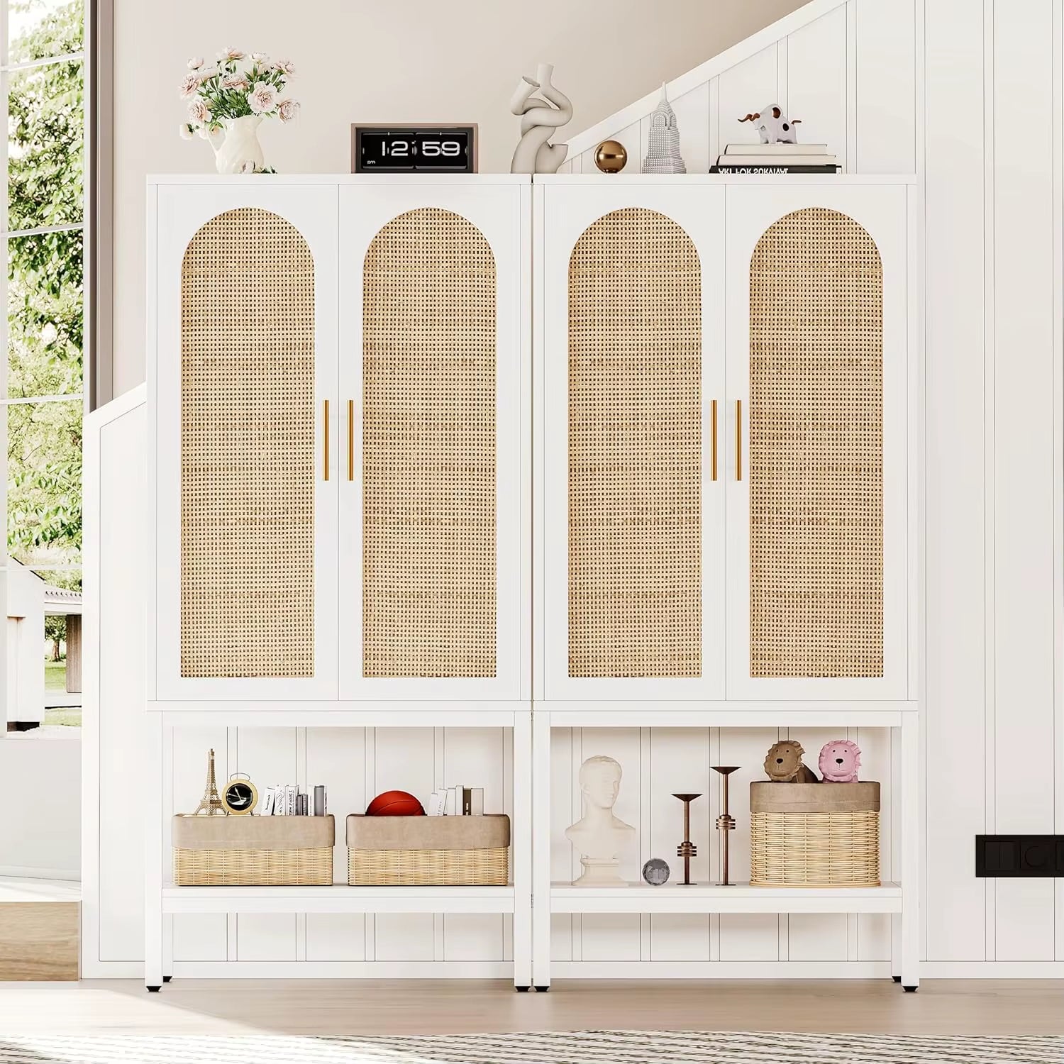 Modern 2-Door Floor Cabinet for Bathroom Living Room White Natural Wood 4-Shelf Adjustable Open Bottom Wash Basin Storage