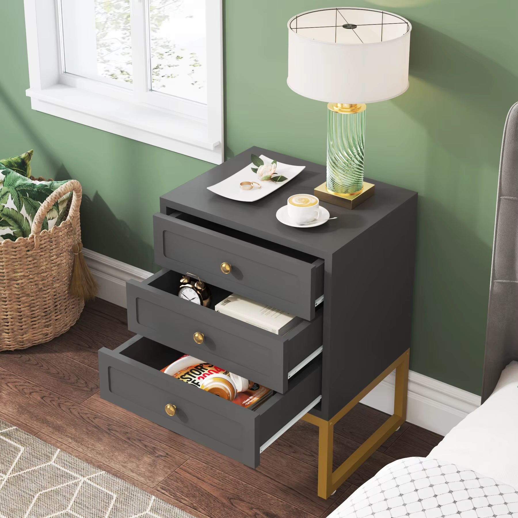 Tribesigns Modern Minimalist Luxury European Style Wood Night Stand Bedside Table Gray for Bedroom Furniture