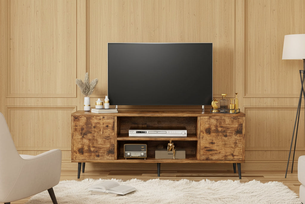 Modern Natural Country Design Solid Wood TV Stand Sliding Cabinets Entertainment Center Shelves for Living Room Furniture