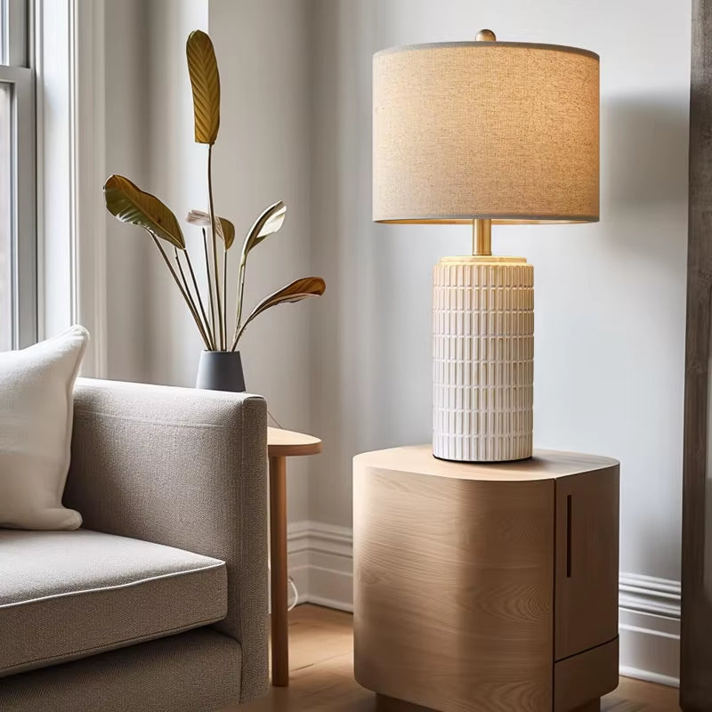 White and Beige Desk Lamp with Glass and Iron Body Farmhouse-Style Bedside Table Lamp for Living Room or Bedroom for Reading