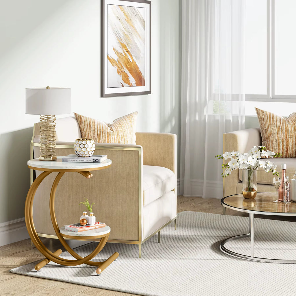 C-Shaped 2 Tier Wood Faux Marble Side Stainless Steel Table Legs round End Table for Sale
