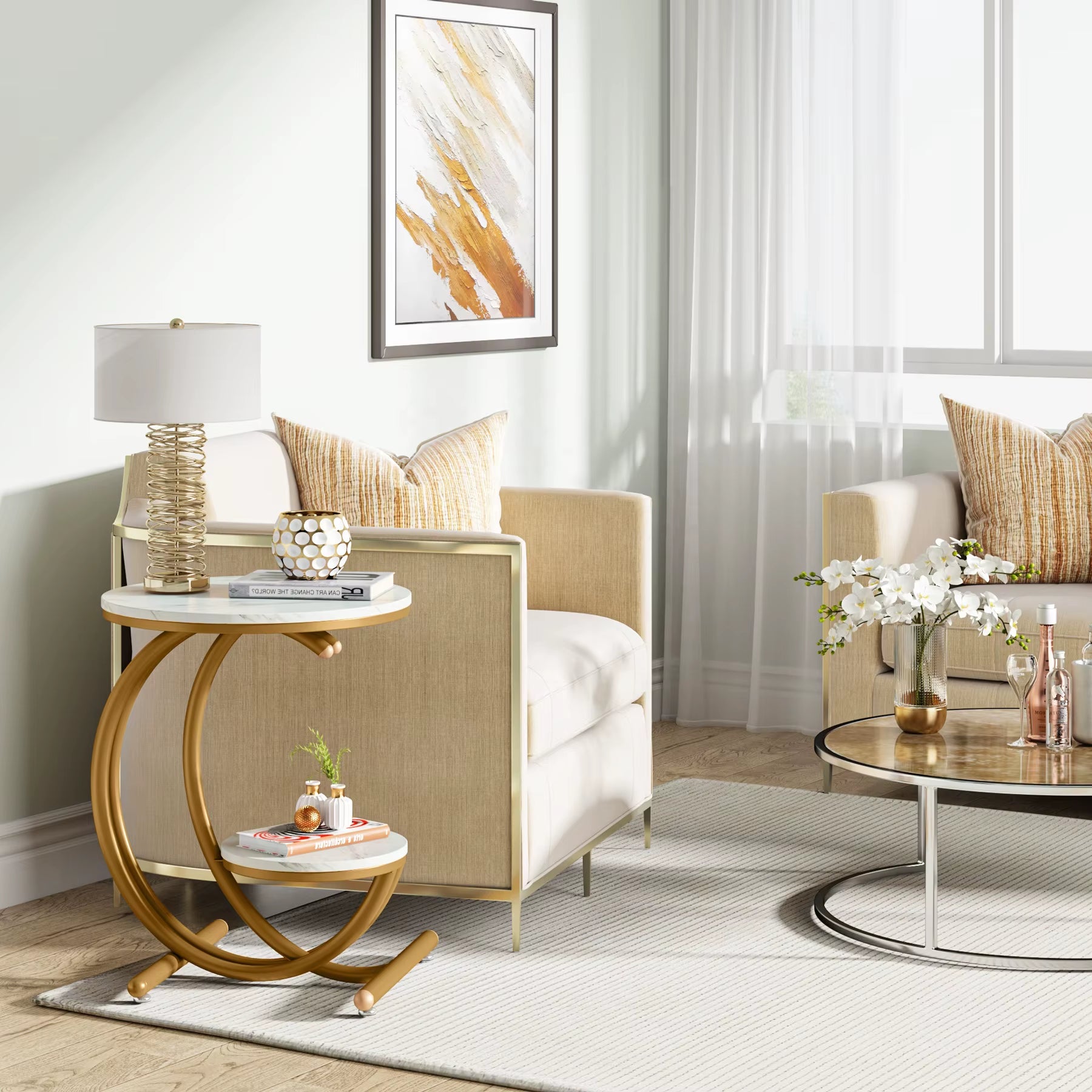 C-Shaped 2 Tier Wood Faux Marble Side Stainless Steel Table Legs round End Table for Sale