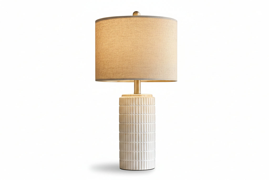 White and Beige Desk Lamp with Glass and Iron Body Farmhouse-Style Bedside Table Lamp for Living Room or Bedroom for Reading