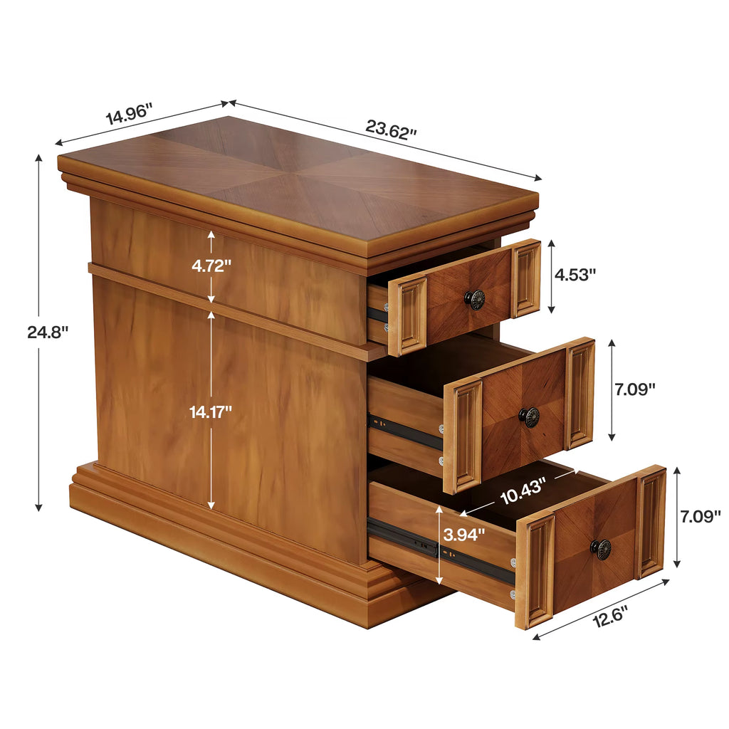 Tribesigns Narrow End Table with 3 Drawers, Vintage Walnut Sofa Side Table, Wooden Rectangular Bedside Table Slim Nightstand
