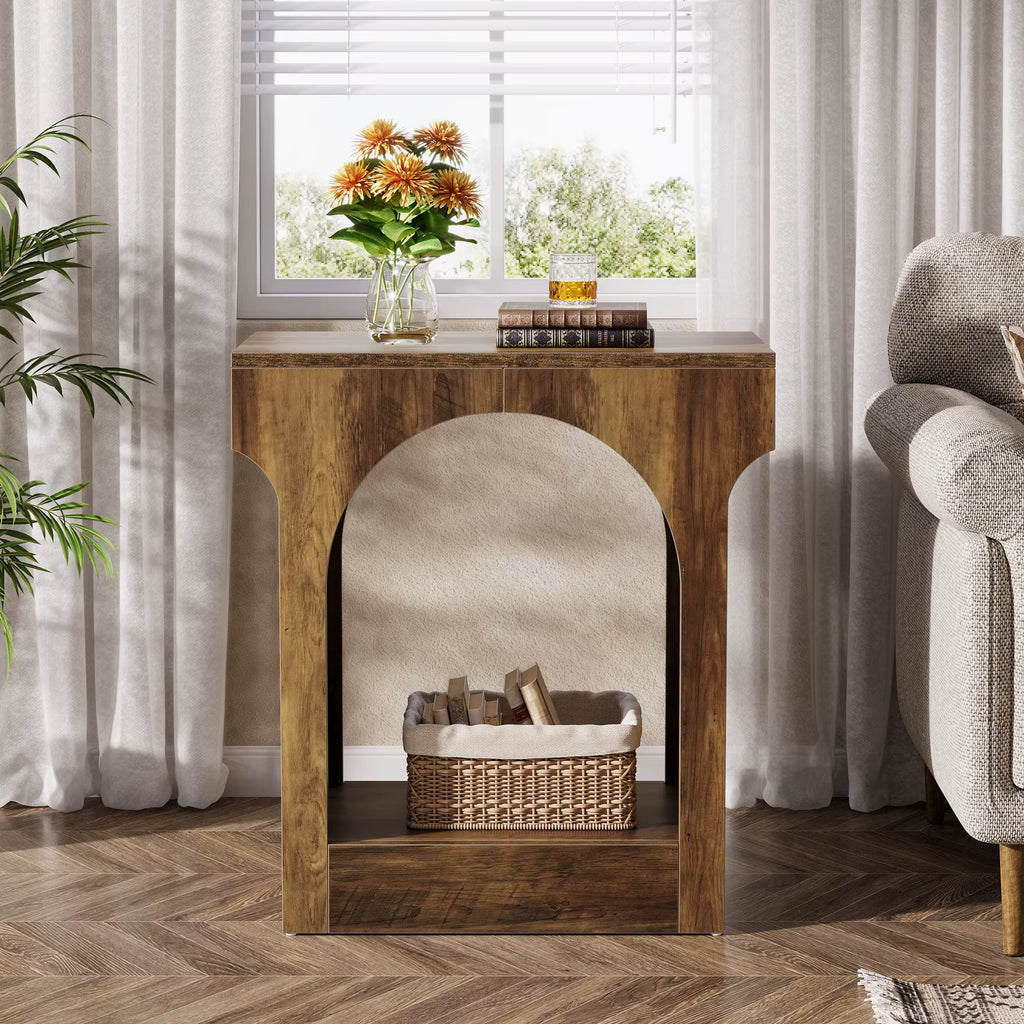 Tribesigns Narrow Side Table Brown Black C Shaped End Table Modern Bedside Tables for Couch, Small Sofa Tables with Metal Frame