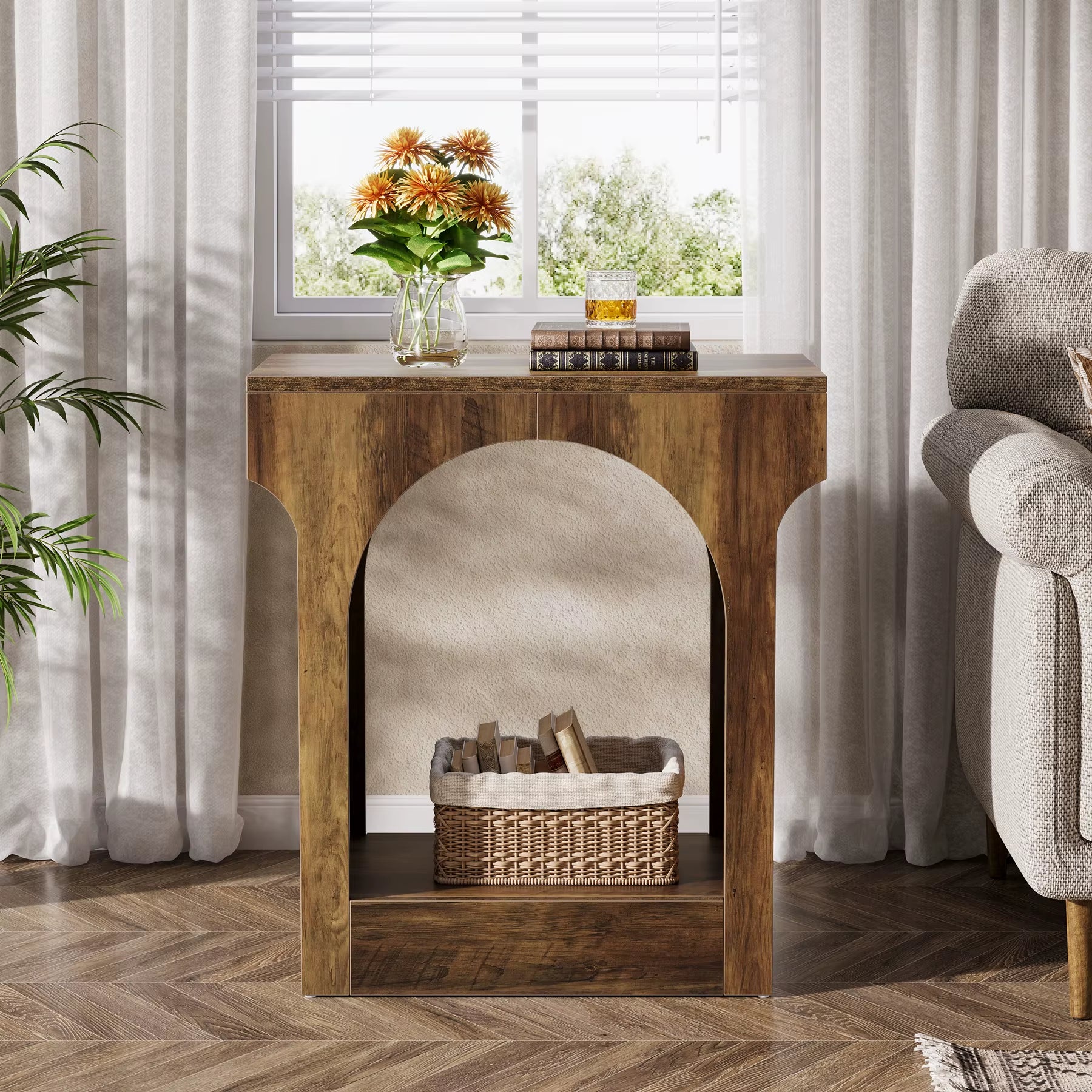 Tribesigns Narrow Side Table Brown Black C Shaped End Table Modern Bedside Tables for Couch, Small Sofa Tables with Metal Frame