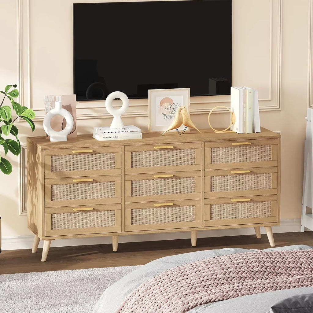 Large Capacity 9-Drawer Dresser Modern Wooden with Golden Handles Foldable for Bedroom or Warehouse Use