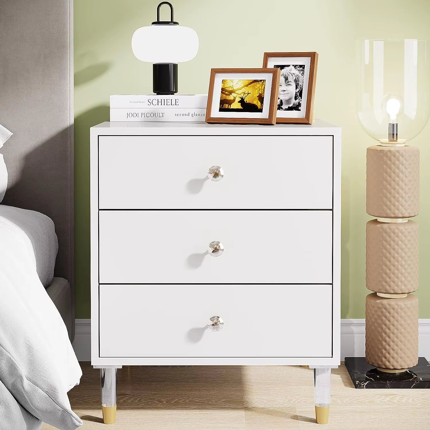 Bedside Table White Night Stand 3 Drawer Bedside Cabinet with Metal round Handles