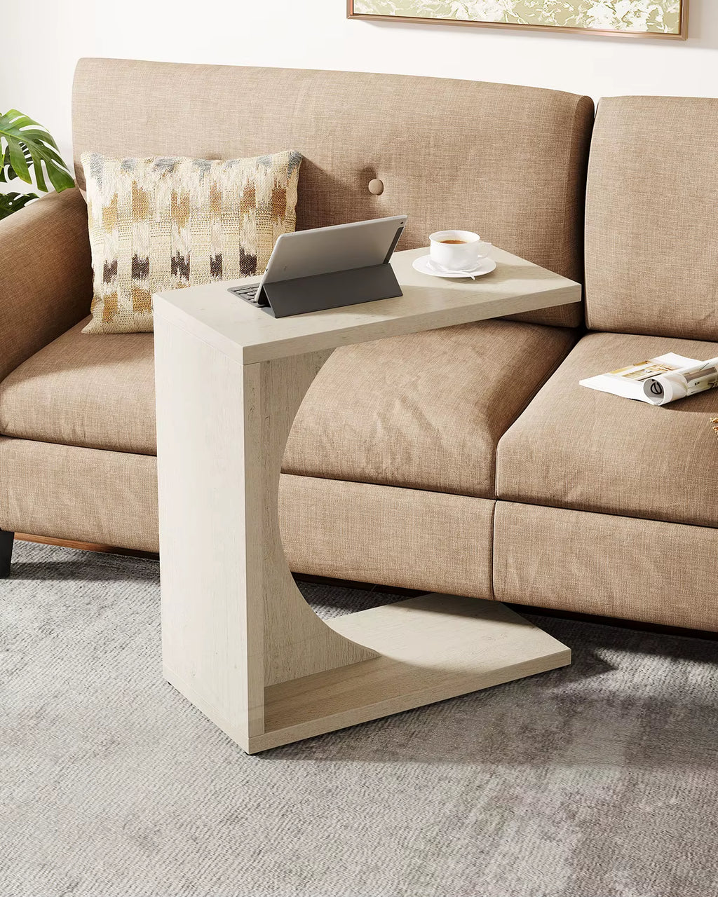 C Shaped End Table for Sofa & Bedroom - Small Side Table for Living Room, over Couch Tray Stand for Laptop, Snacks, Books,