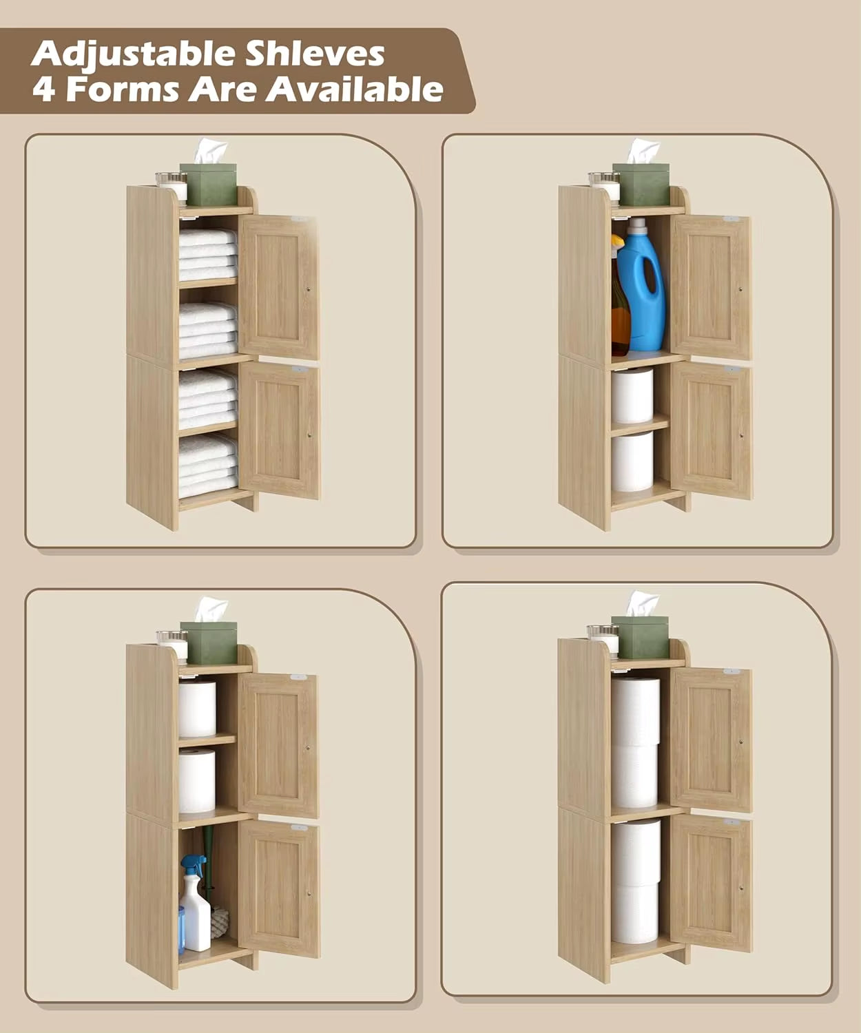 Natural Oak Wooden Bathroom Furniture Small 2-Door Narrow Toilet Paper Storage Organizer Outdoor Suitable Bathroom Cabinet