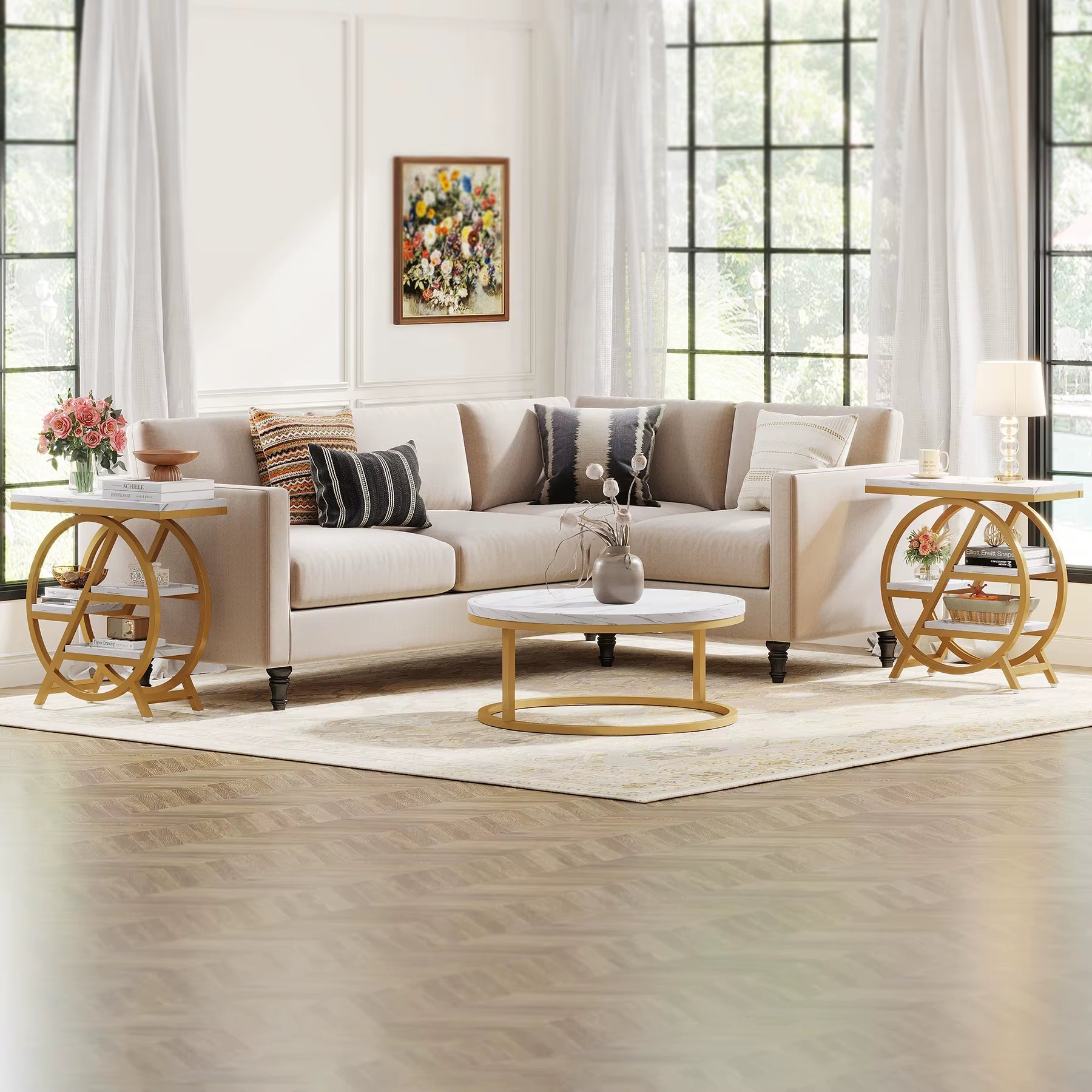 3-Tier Faux Marble Side Table with Storage, Wood Narrow Sofa Side Table Modern Nightstand and Bedside Table for Gold & White