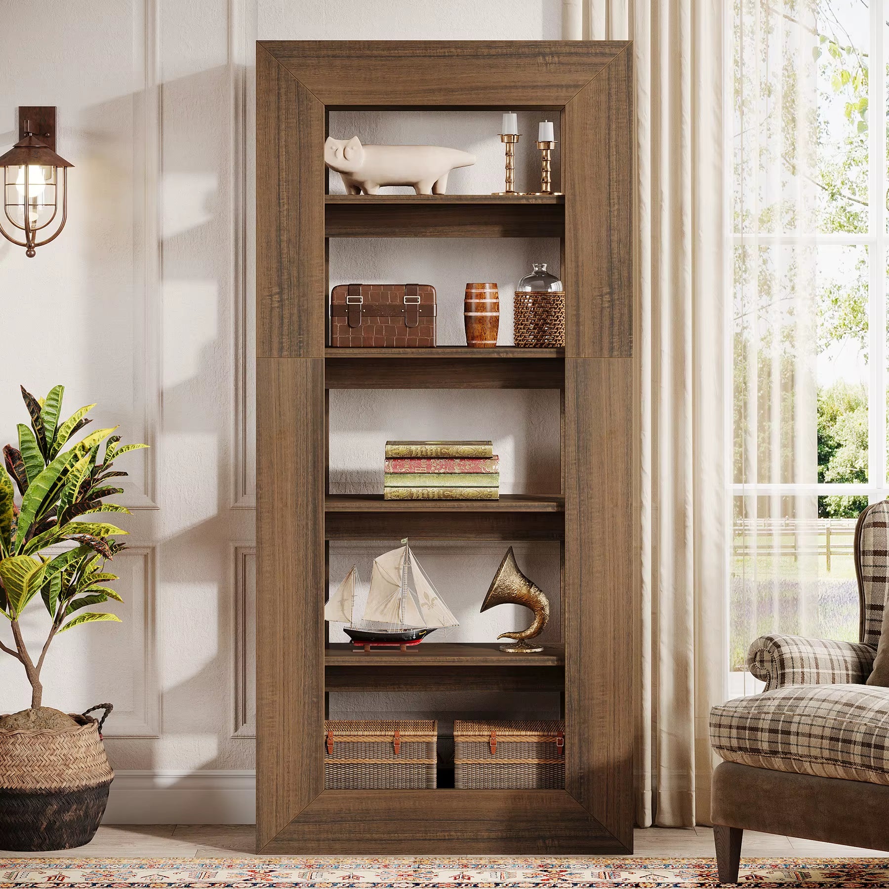 70.9" Tall Farmhouse Bookcase, Rustic Open Book Shelf, Vintage Brown Bookcase, Freestanding Storage Display Shelves
