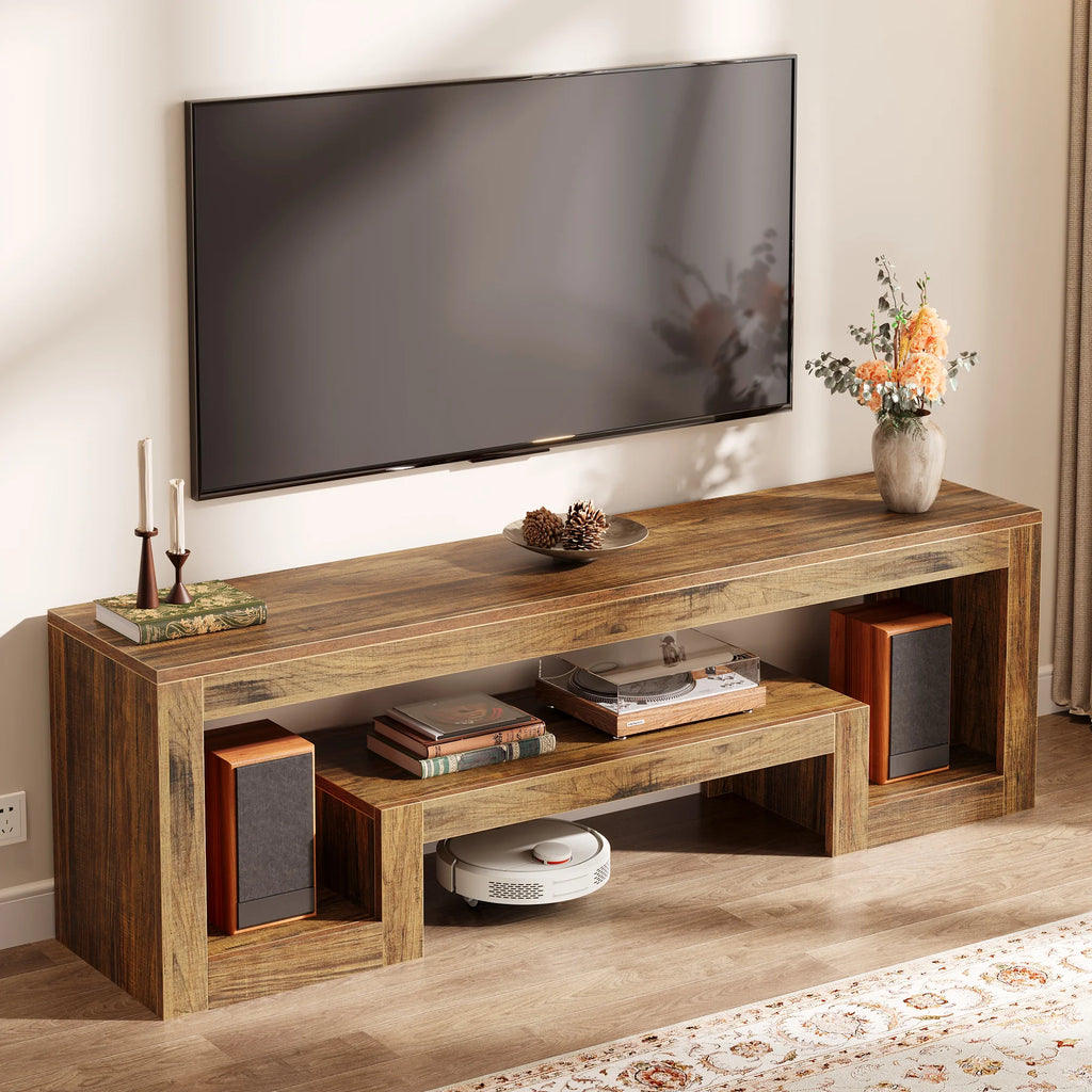 63-Inch TV Stand for 55/60/65/75-Inch Tvs, Farmhouse Center with Open Storage Shelves, Rustic Brown Television Console