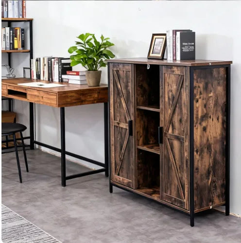 Modern Industrial Retro Sliding Door Storage Cabinet Large Capacity Home Study Living Room Storage with Stylish Modern Design