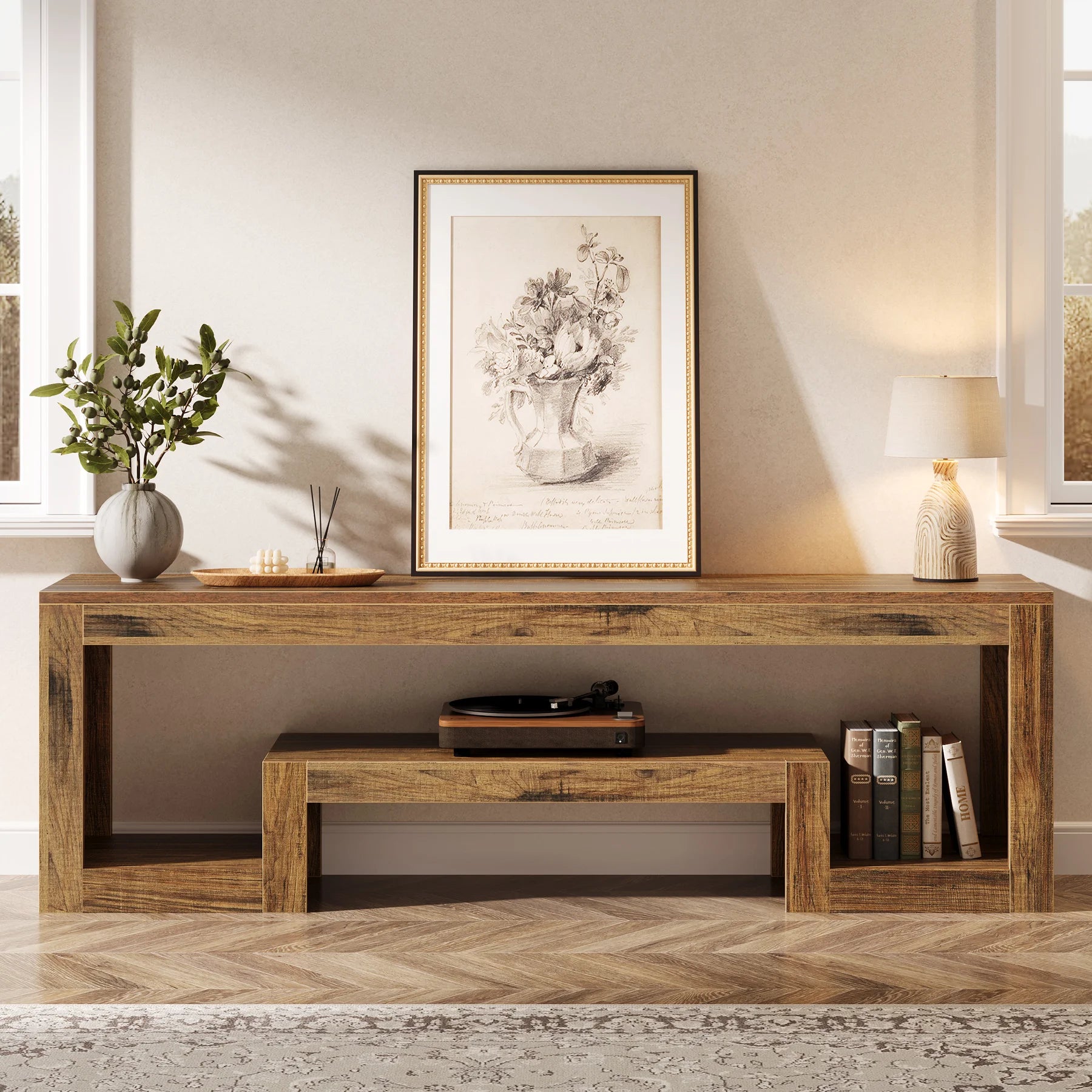 63-Inch TV Stand for 55/60/65/75-Inch Tvs, Farmhouse Center with Open Storage Shelves, Rustic Brown Television Console