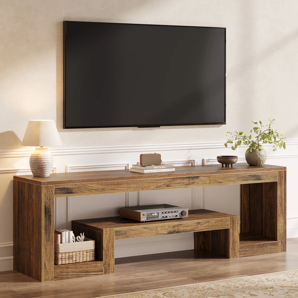 63-Inch TV Stand for 55/60/65/75-Inch Tvs, Farmhouse Center with Open Storage Shelves, Rustic Brown Television Console