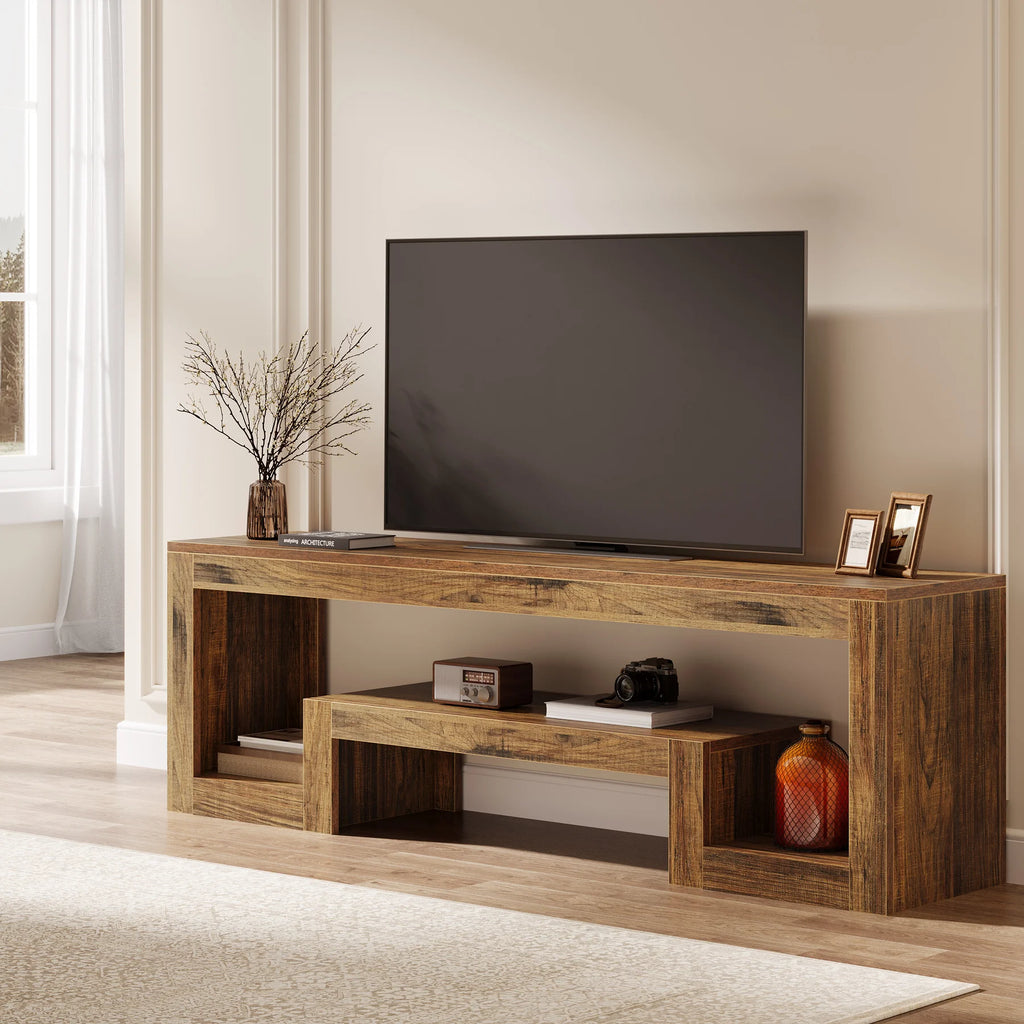 63-Inch TV Stand for 55/60/65/75-Inch Tvs, Farmhouse Center with Open Storage Shelves, Rustic Brown Television Console