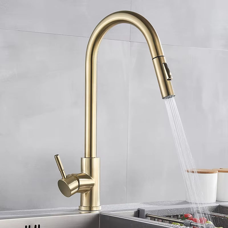 Nickle Gold Kitchen Faucets Stainless Steel Pull down Stream Sprayer Deck Mount Water Sink Taps Black Brushed