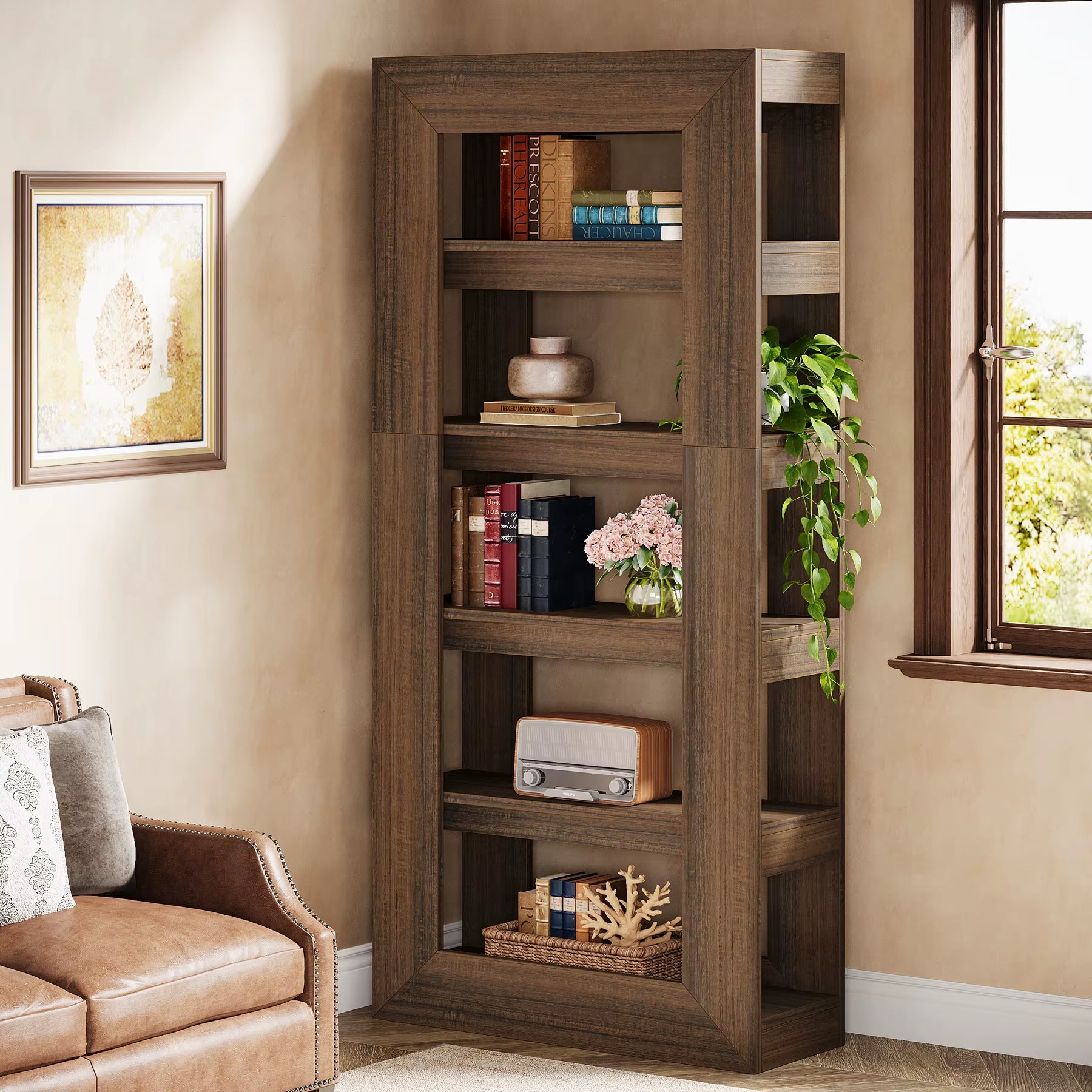 70.9" Tall Farmhouse Bookcase, Rustic Open Book Shelf, Vintage Brown Bookcase, Freestanding Storage Display Shelves