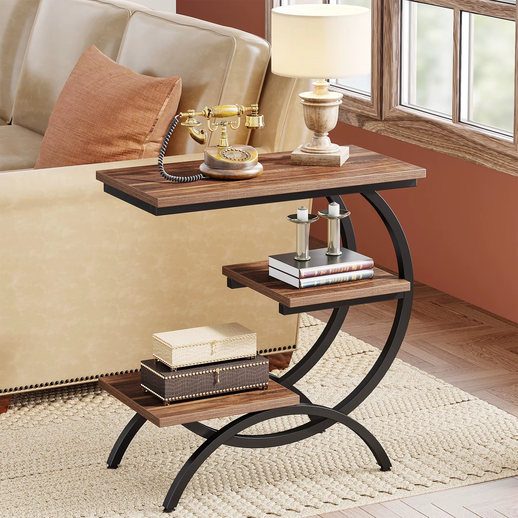 C Shaped End Table, Small Side Table for Couch, Industrial 3-Tier Couch Table, Wood Bedside Table, C Side Table for Small Spaces