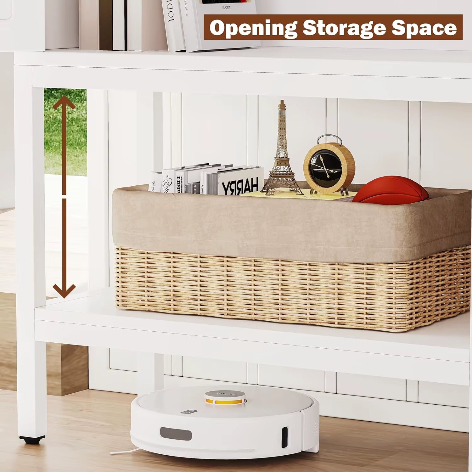 Modern 2-Door Floor Cabinet for Bathroom Living Room White Natural Wood 4-Shelf Adjustable Open Bottom Wash Basin Storage